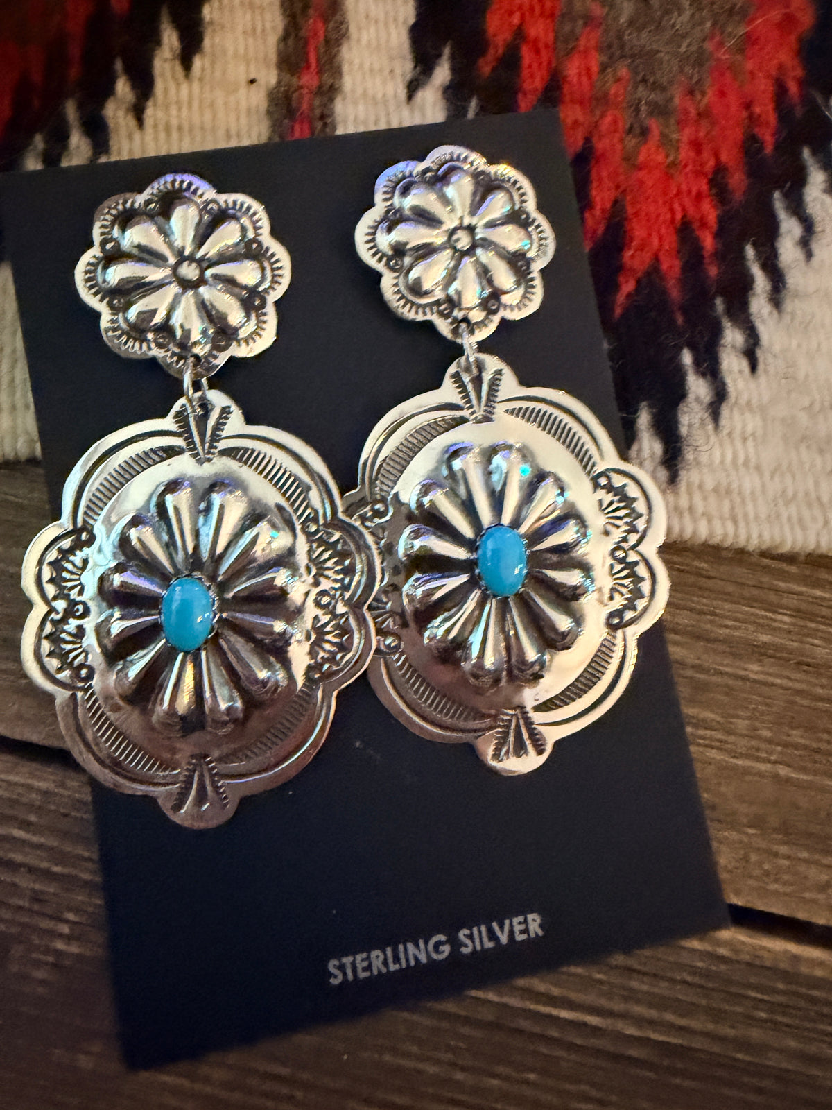 Handcrafted Turquoise & Sterling Silver Concho Dangle Earrings by Genevieve Blackgoat