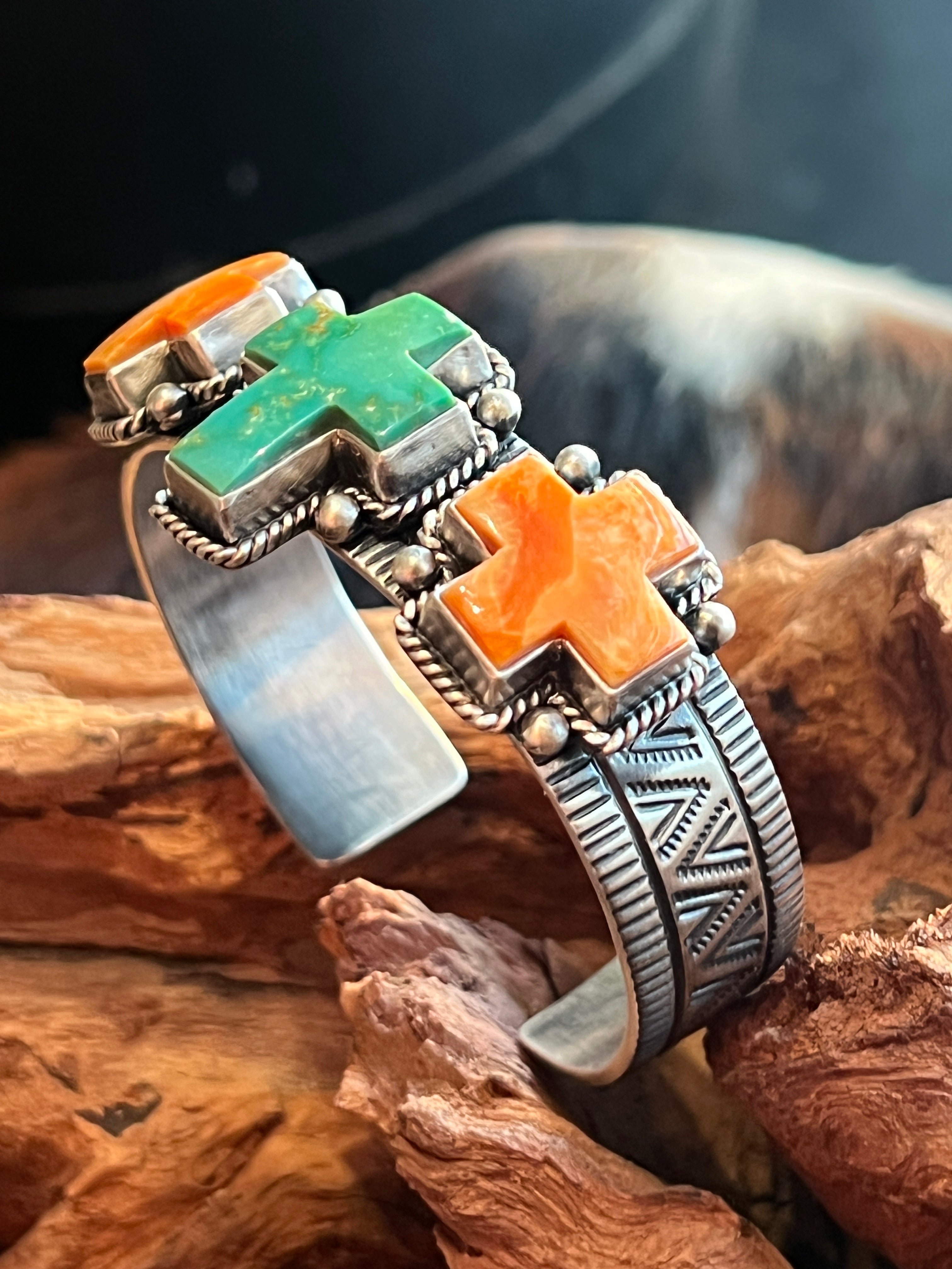 Handcrafted Hand Stamped Sterling Silver, Kingman Turquoise and Spiny Oyster Cross Cuff Bracelet by Bernyse Chavez