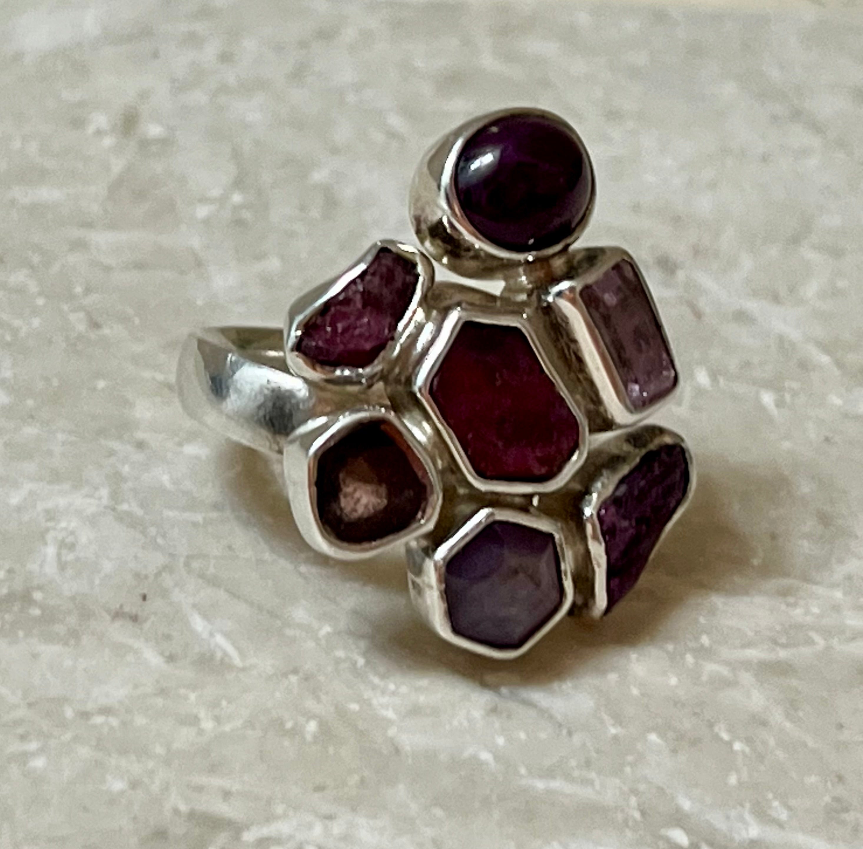 Amethyst Cluster Sterling Silver Ring Adjustable