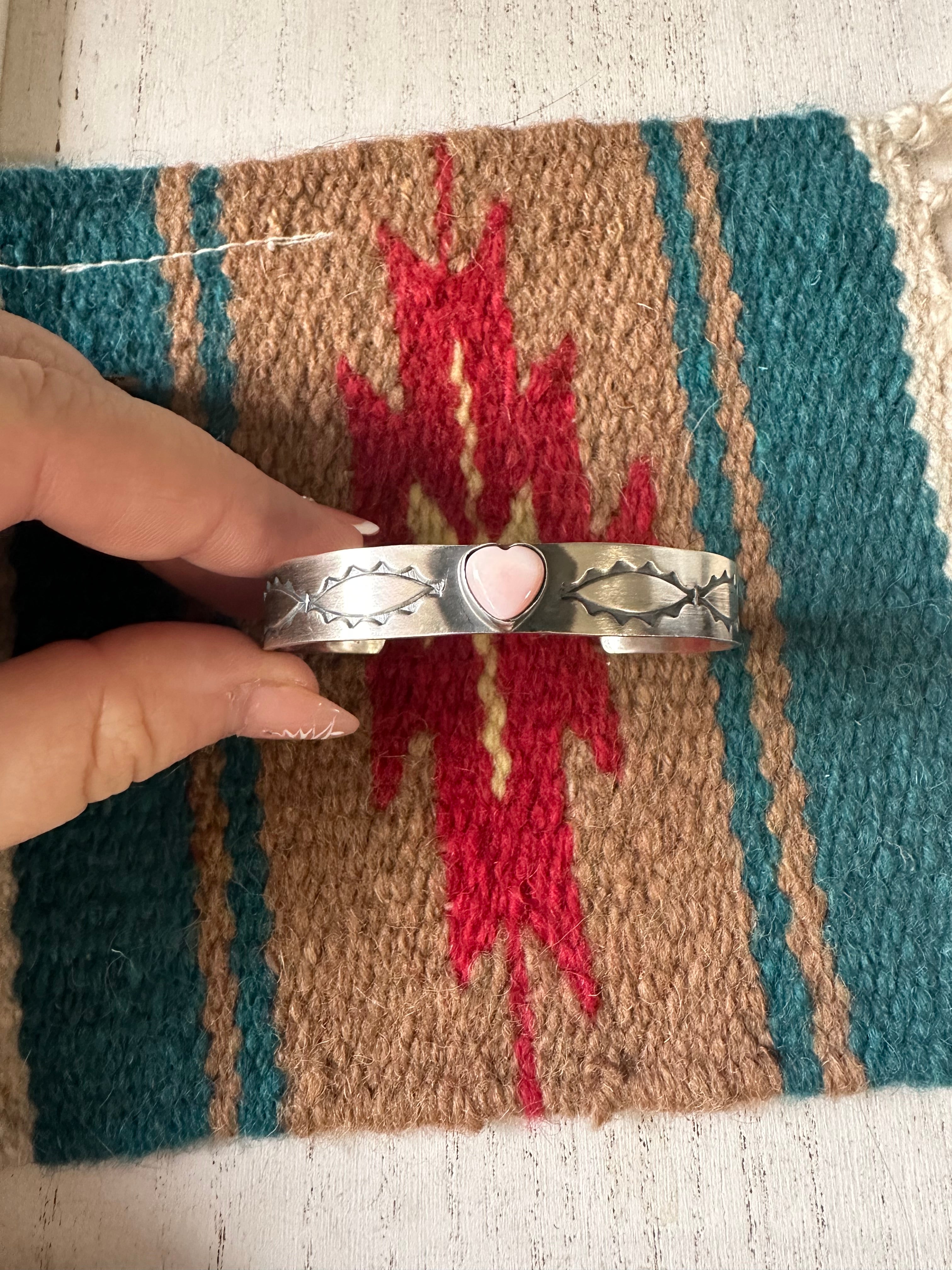 Handcrafted Sterling Silver & Queen Pink Conch Heart Cuff Bracelet