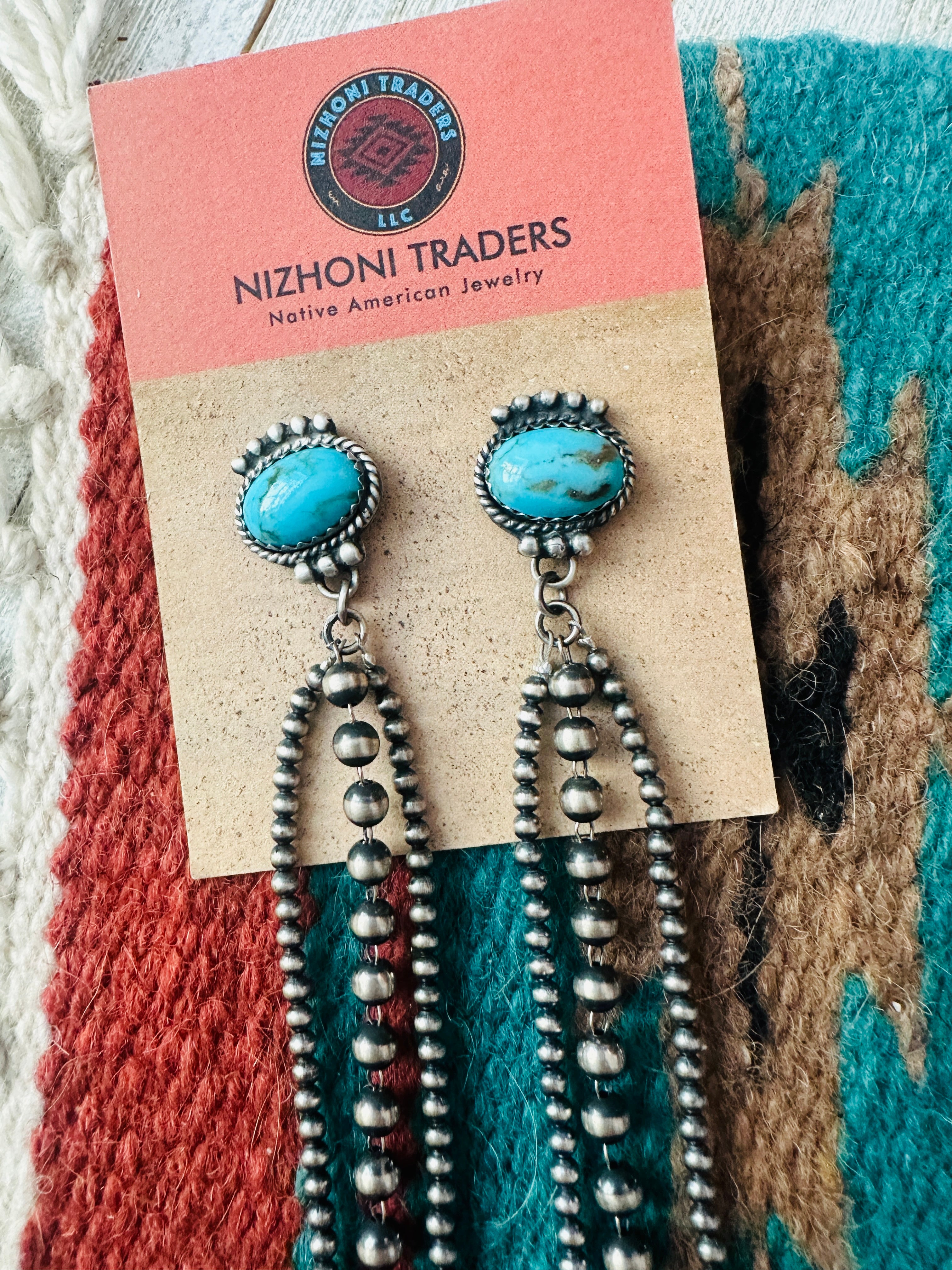 Handcrafted Turquoise & Sterling Silver Pearl Beaded Blossom Dangle Earrings