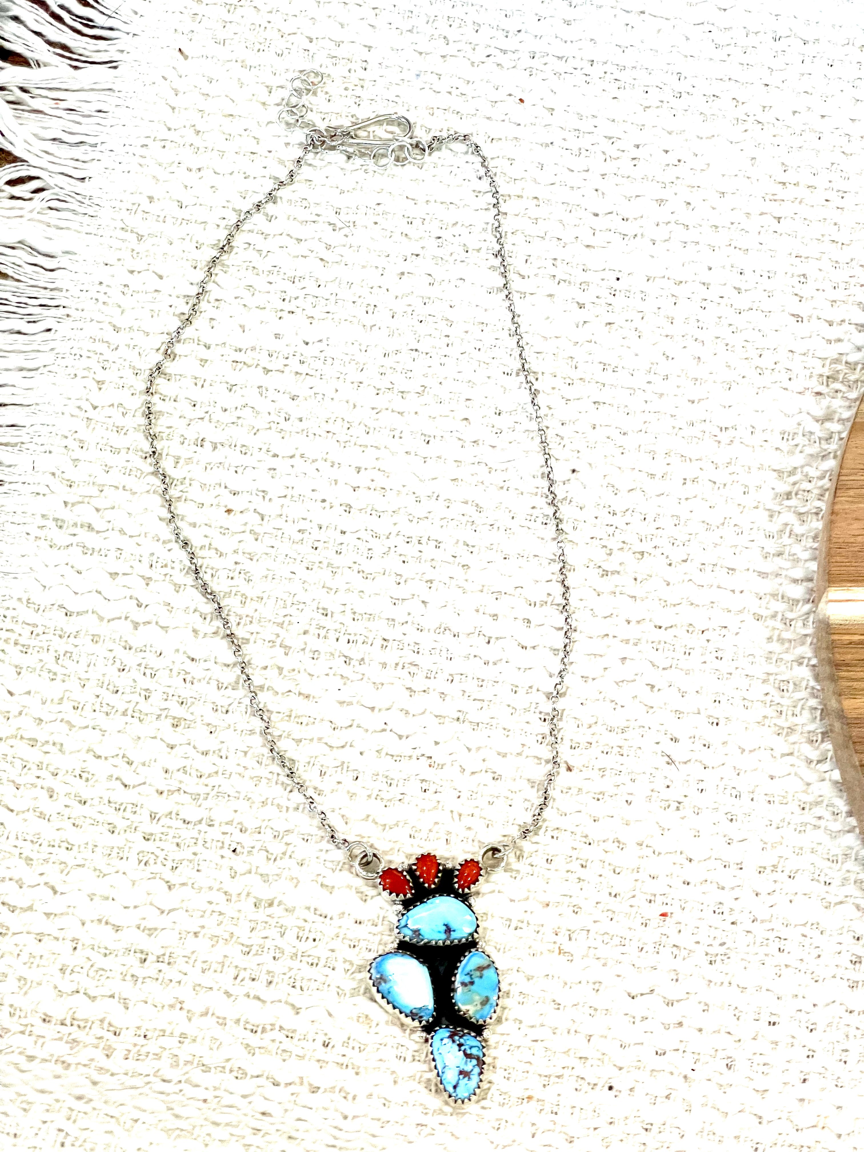 Handmade Sterling Silver, Golden Hills Turquoise & Coral Necklace Signed Nizhoni