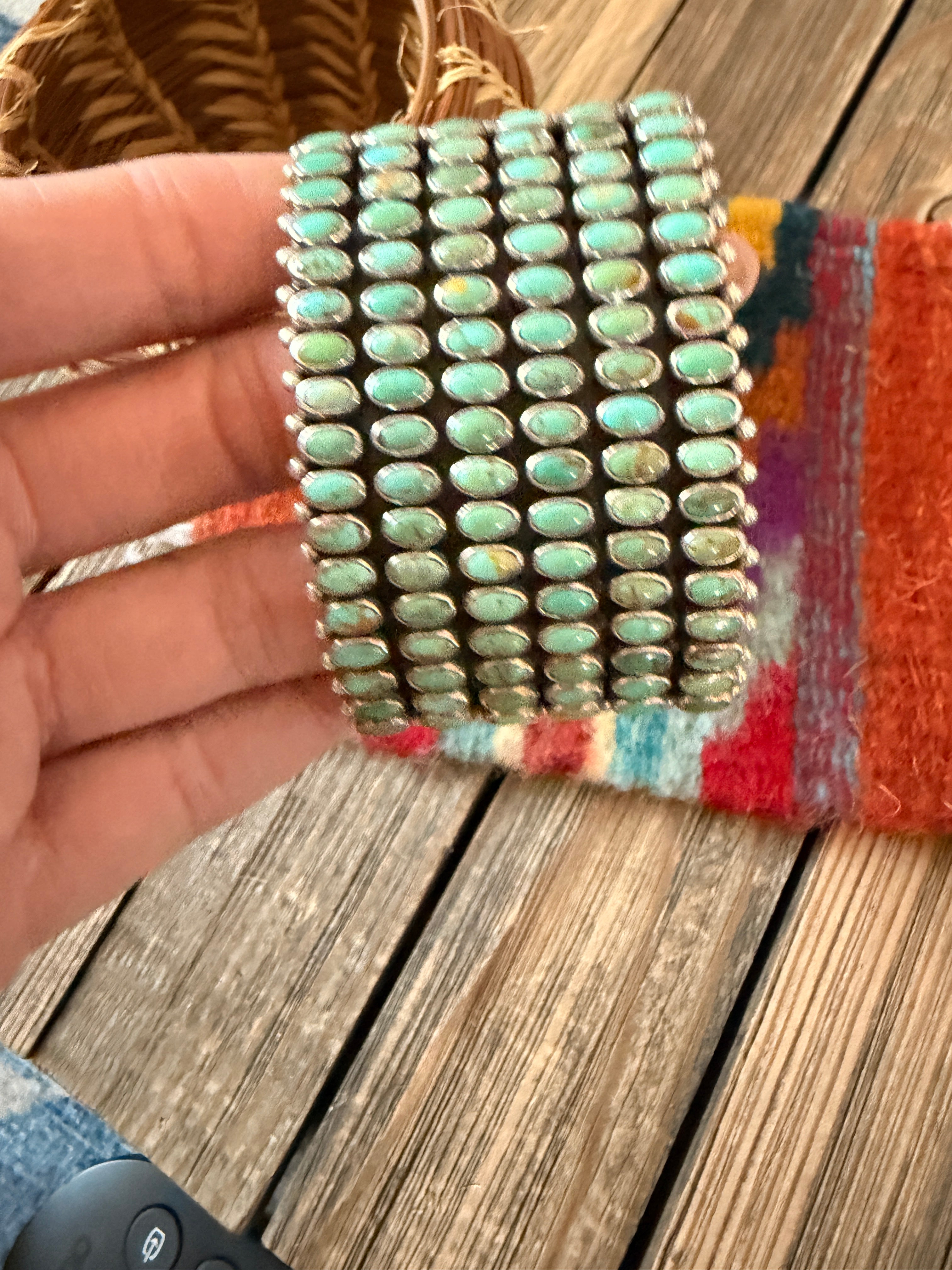 Handcrafted Turquoise & Sterling Silver Cluster Cuff Bracelet By Dee Nez