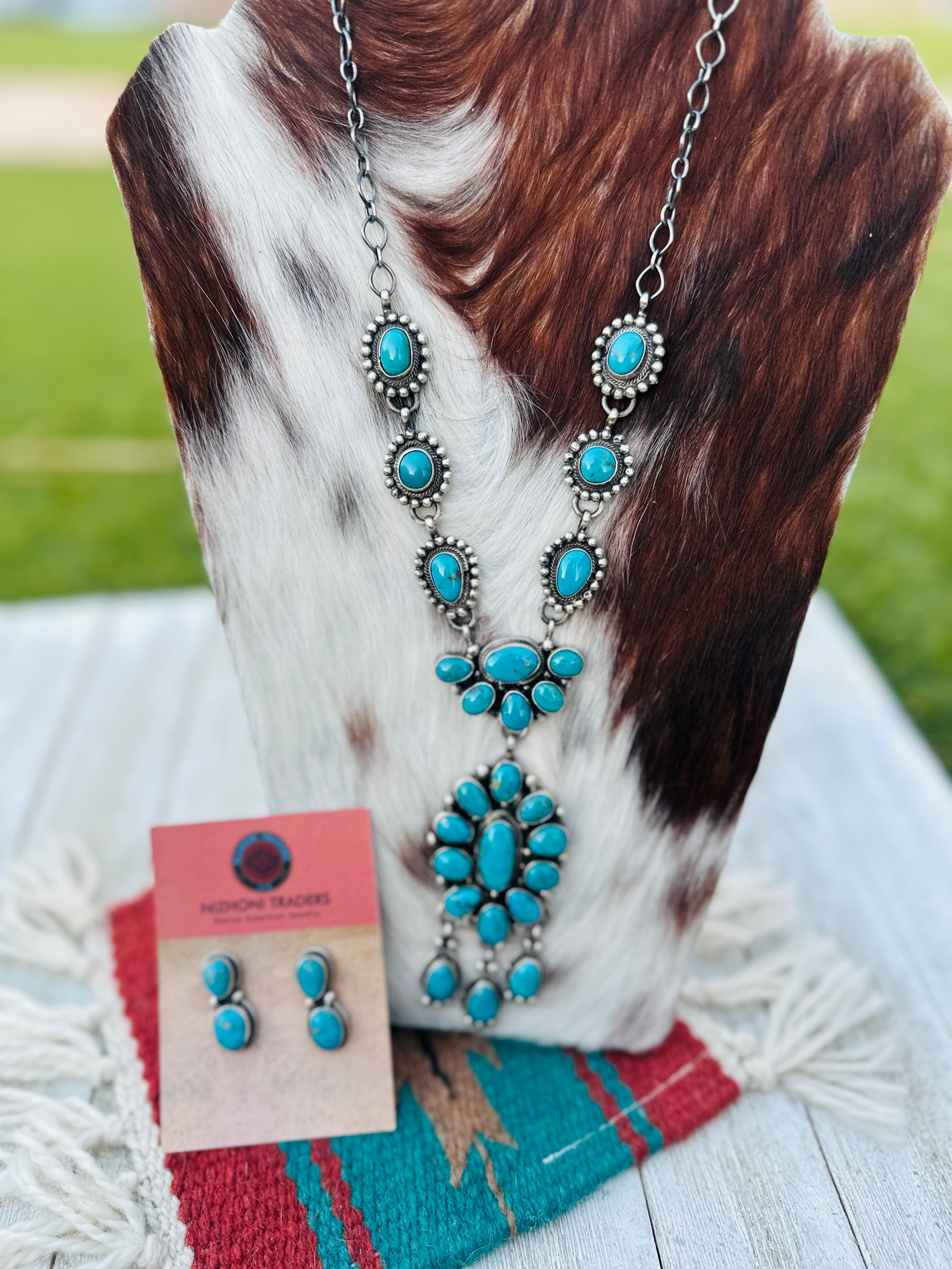 Handcrafted Kingman Turquoise & Sterling Silver Necklace and Earring Set