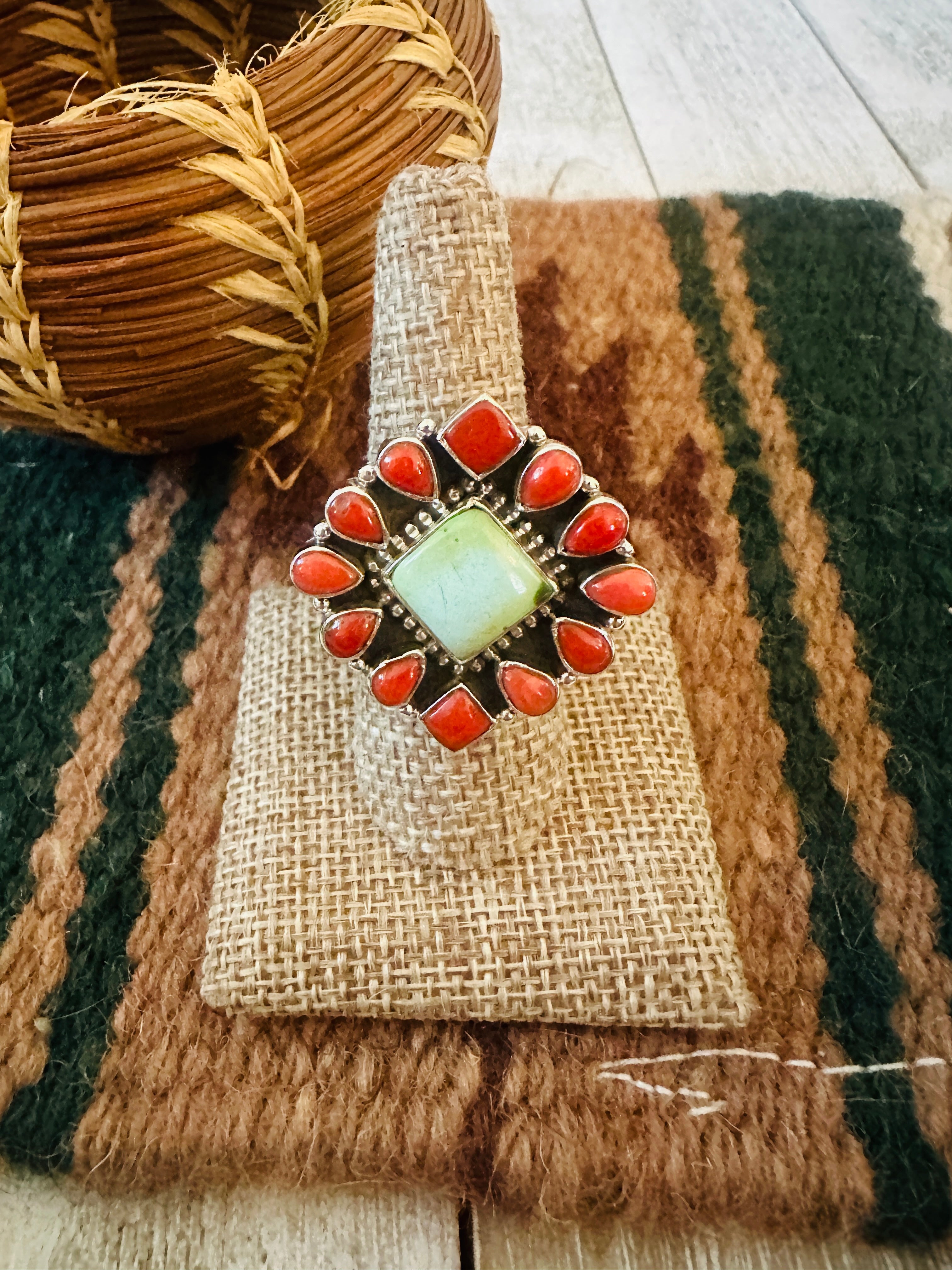 ** Christmas Collection ** Handmade Sterling Silver, Turquoise & Coral Adjustable Ring Signed Nizhoni