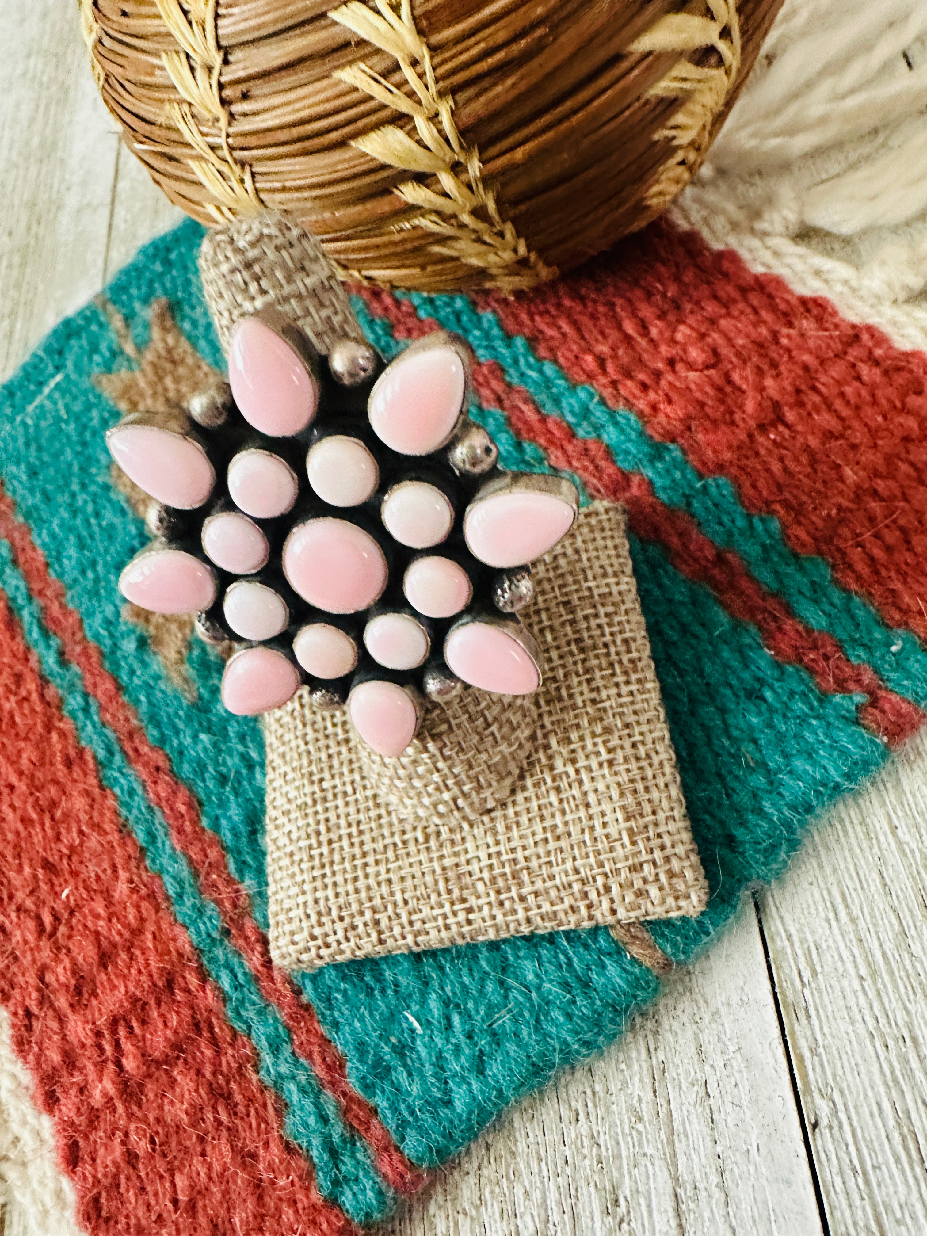 Handcrafted Sterling Silver & Queen Pink Conch Cluster Adjustable Ring