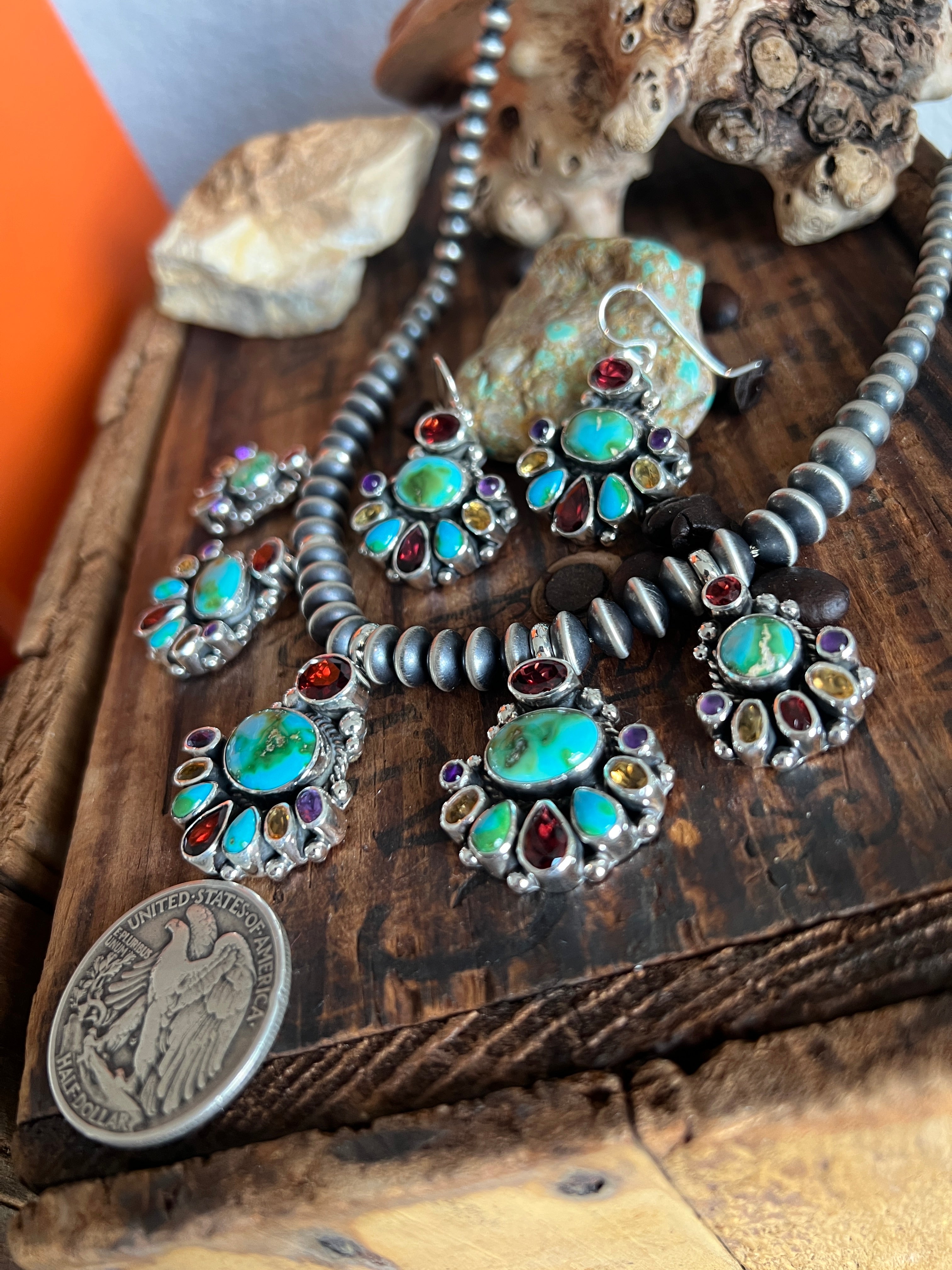 Handcrafted Sterling Silver Gems & Jewels Beaded Cluster Necklace and Earrings Set by Diane Wylie