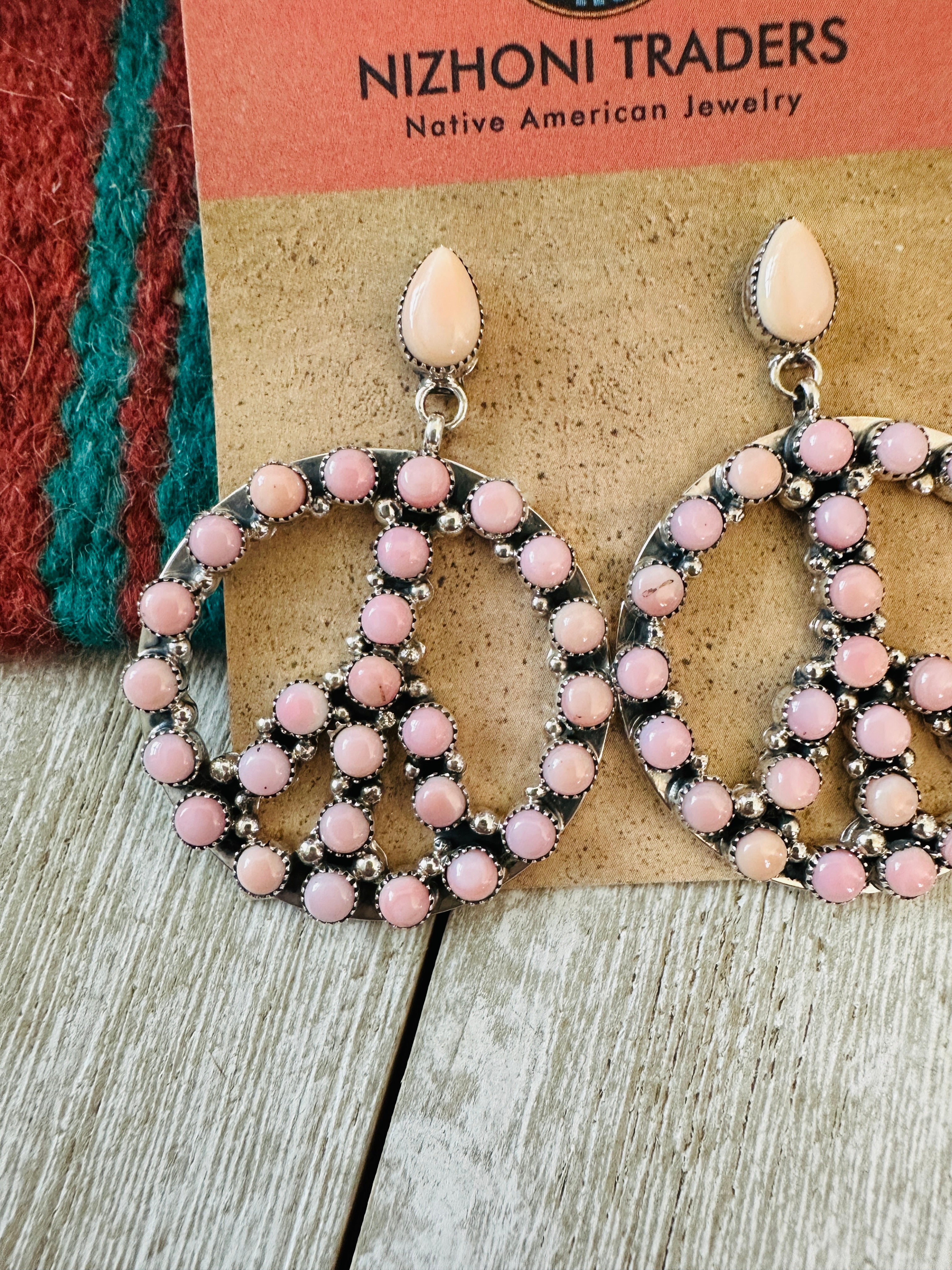 Navajo Queen Pink Conch & Sterling Silver Peace Sign Dangle Earrings
