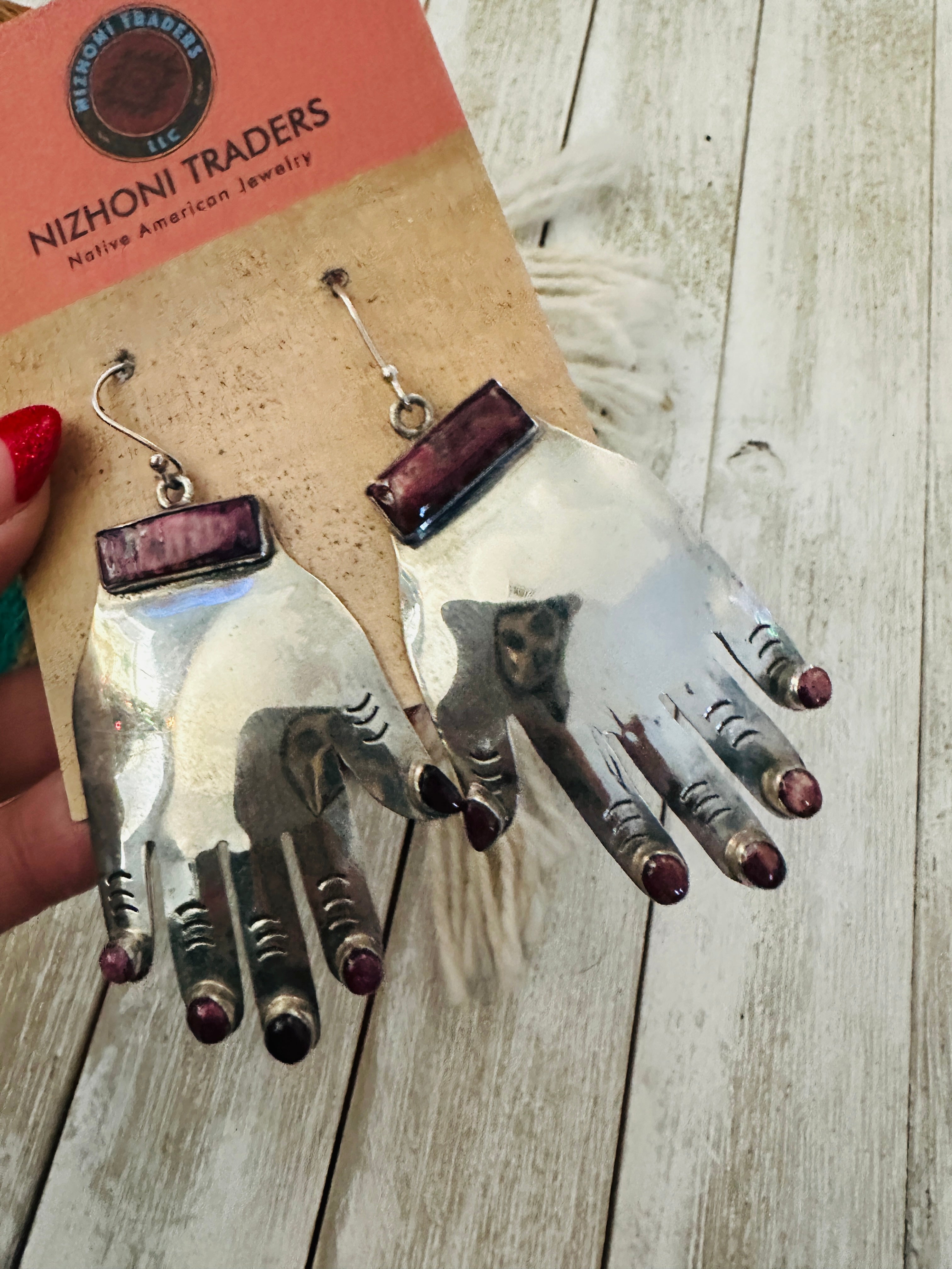 Handcrafted Purple Spiny & Sterling Silver Hand Dangle Earrings by Federico Jimenez