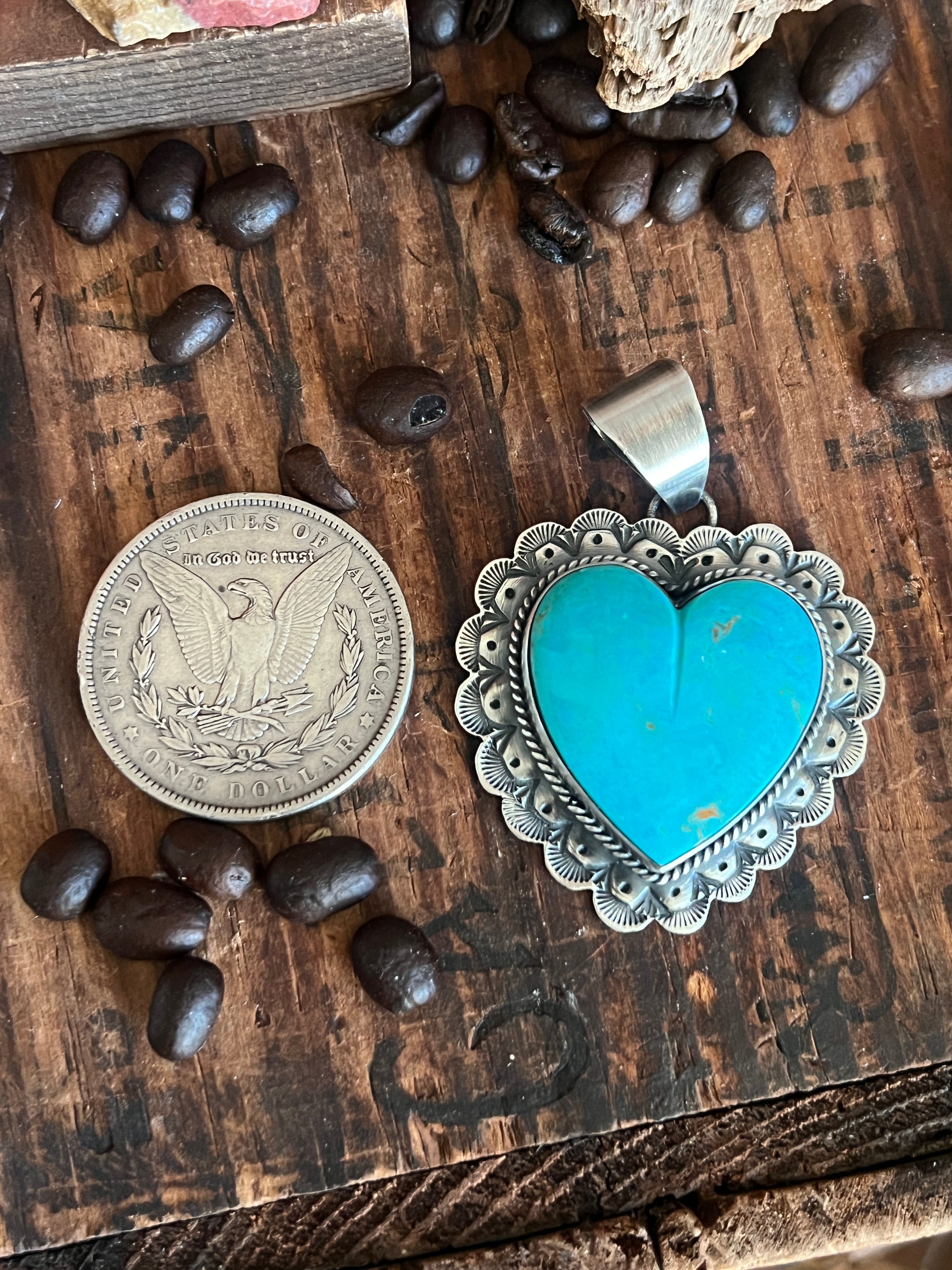 Hand Stamped Sterling Silver & Kingman Turquoise Heart Pendant by June Delgarito