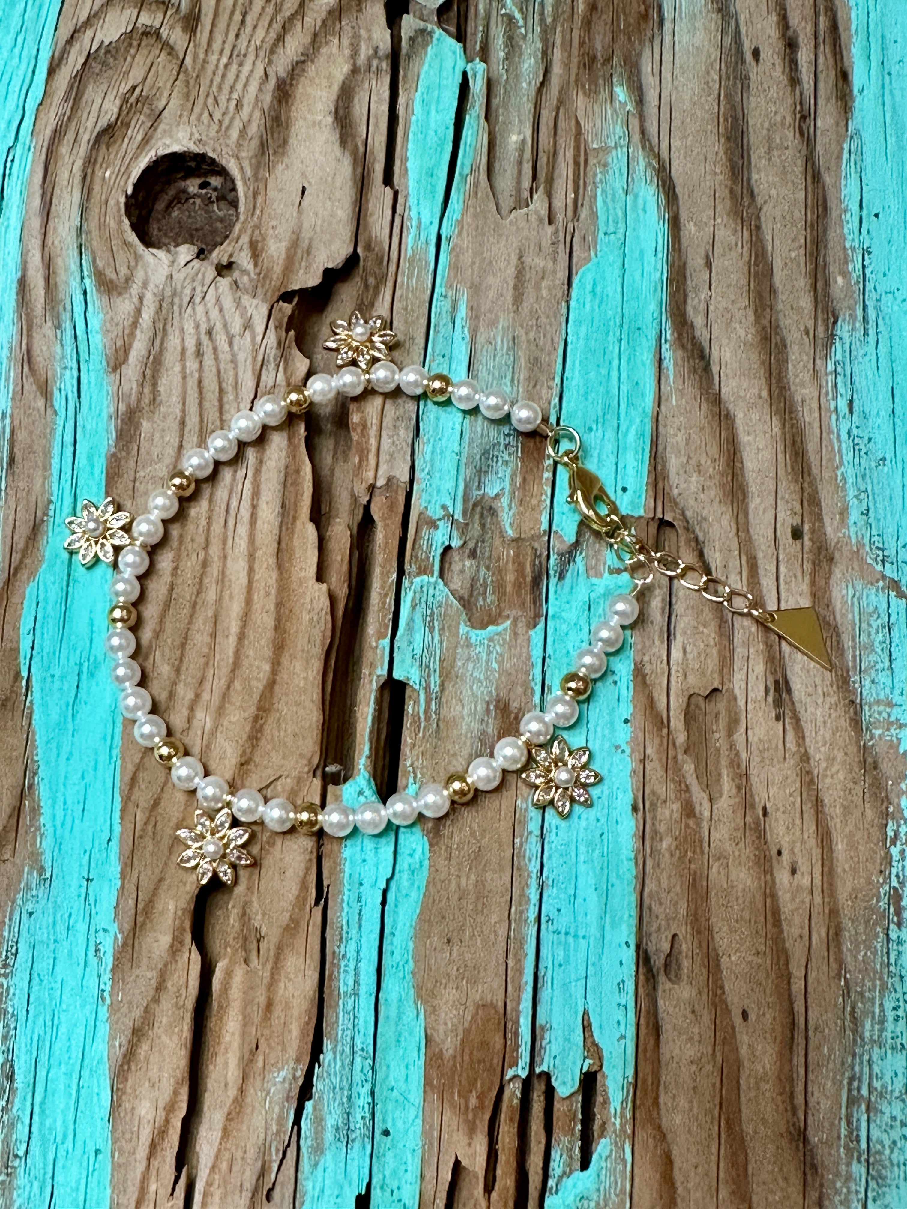 Esti Pearl & CZ Blossom Beaded Bracelet 14k Gold