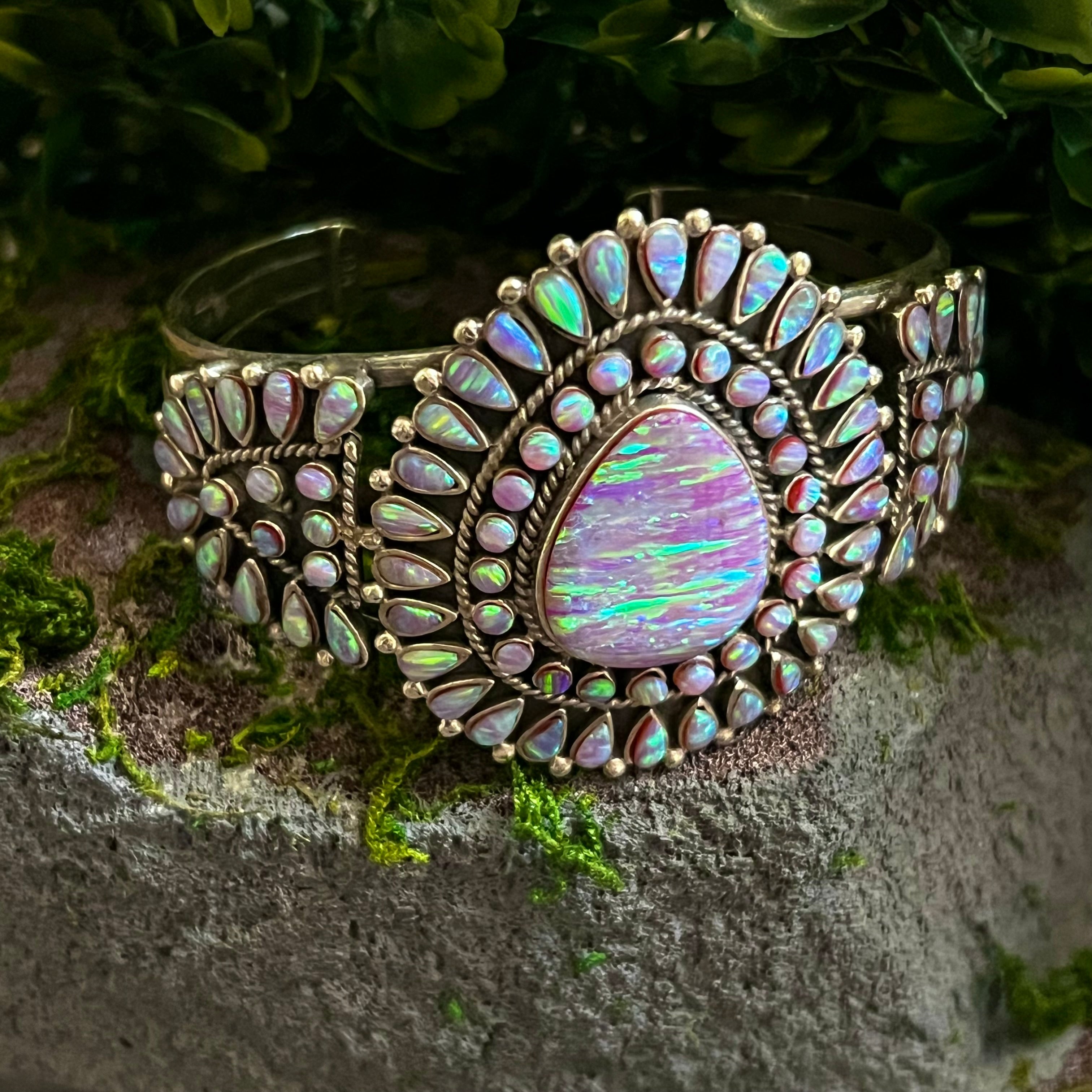 Handmade Sterling Silver & Fire Purple Opal Adorned Ornate Cuff Bracelet