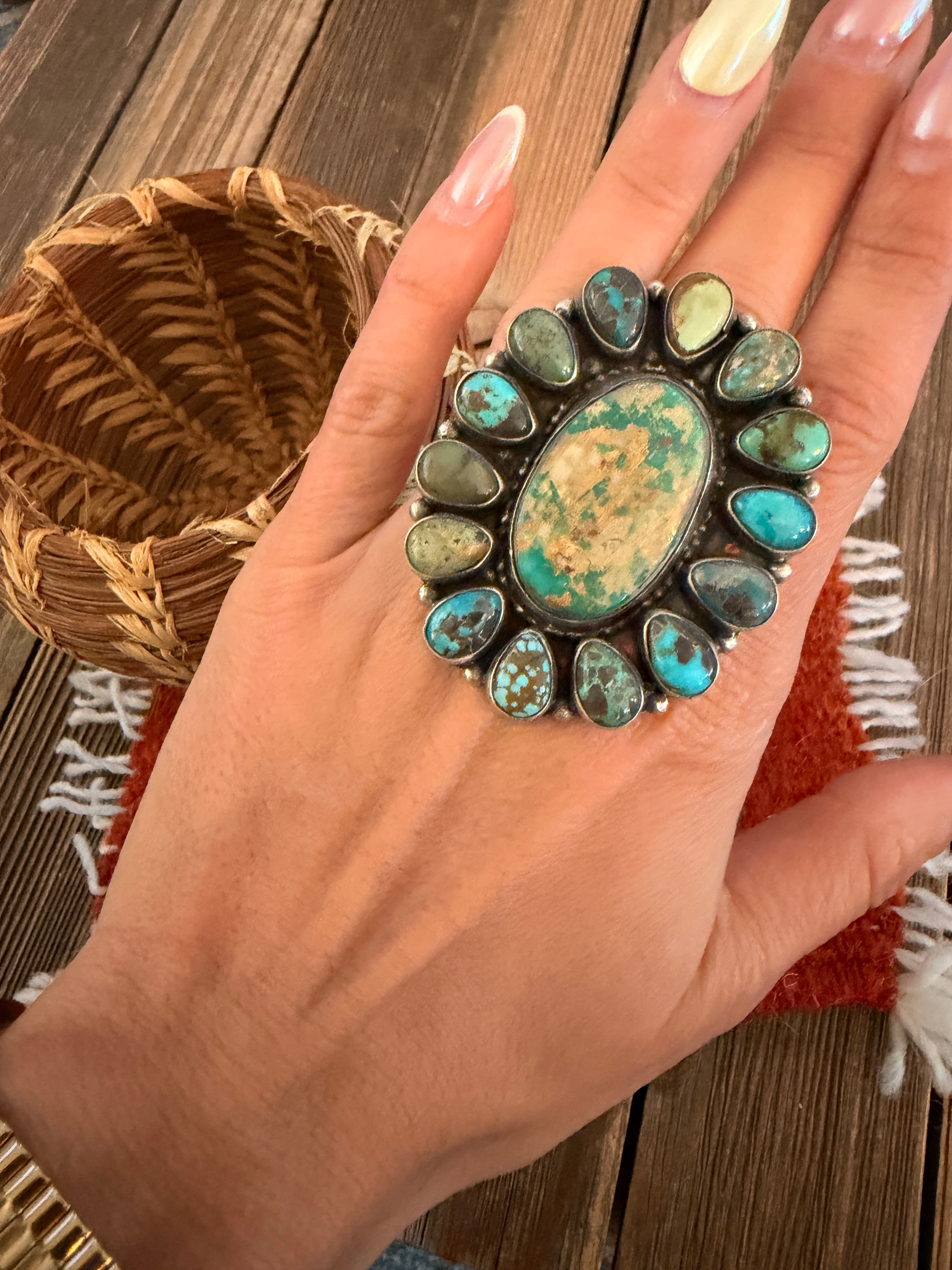 Handcrafted Royston Turquoise & Sterling Silver Cluster Ring Size 6 Sheila Becenti