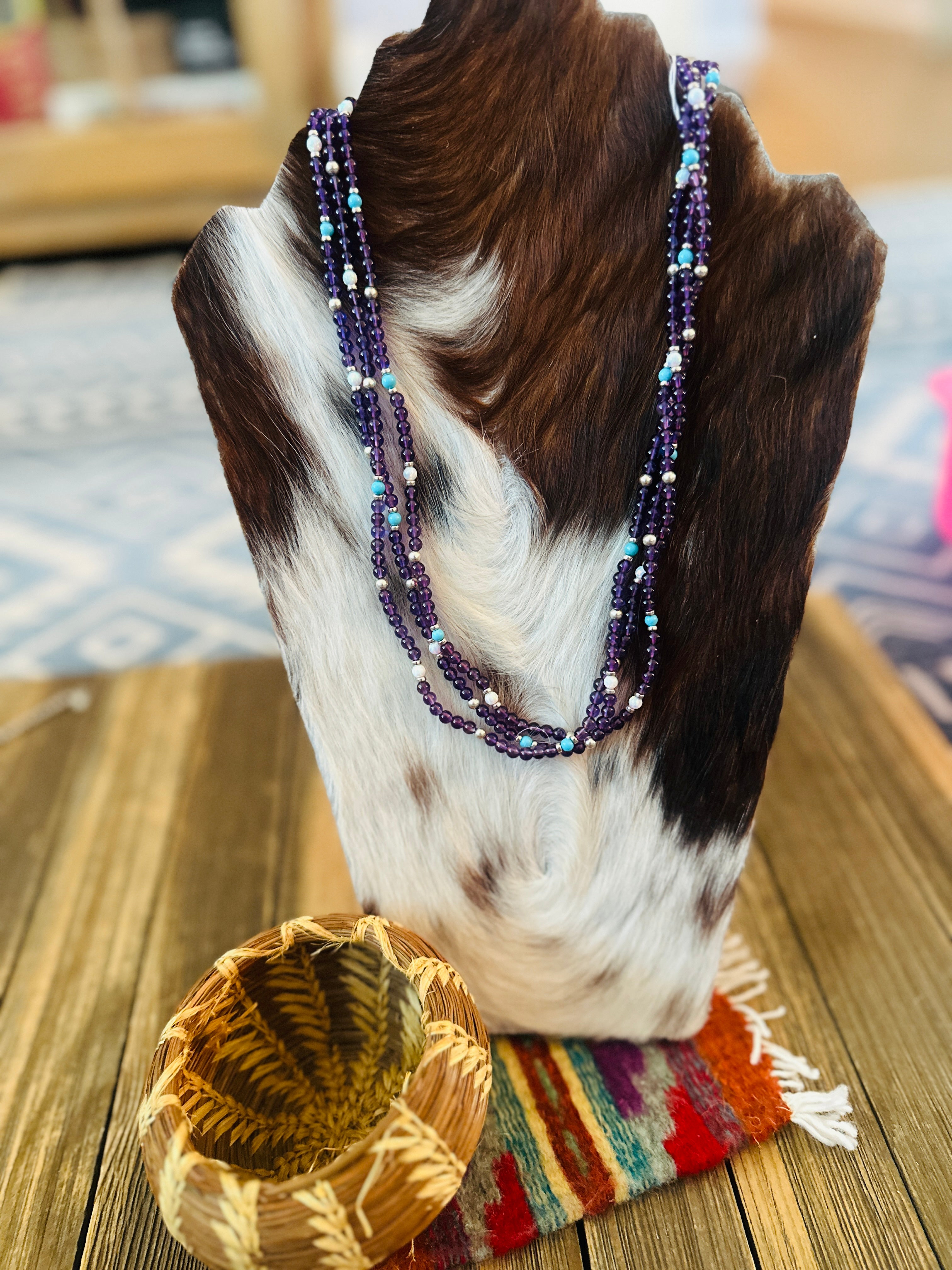 Handcrafted Amethyst, Opal, Turquoise & Sterling Silver Beaded Necklace