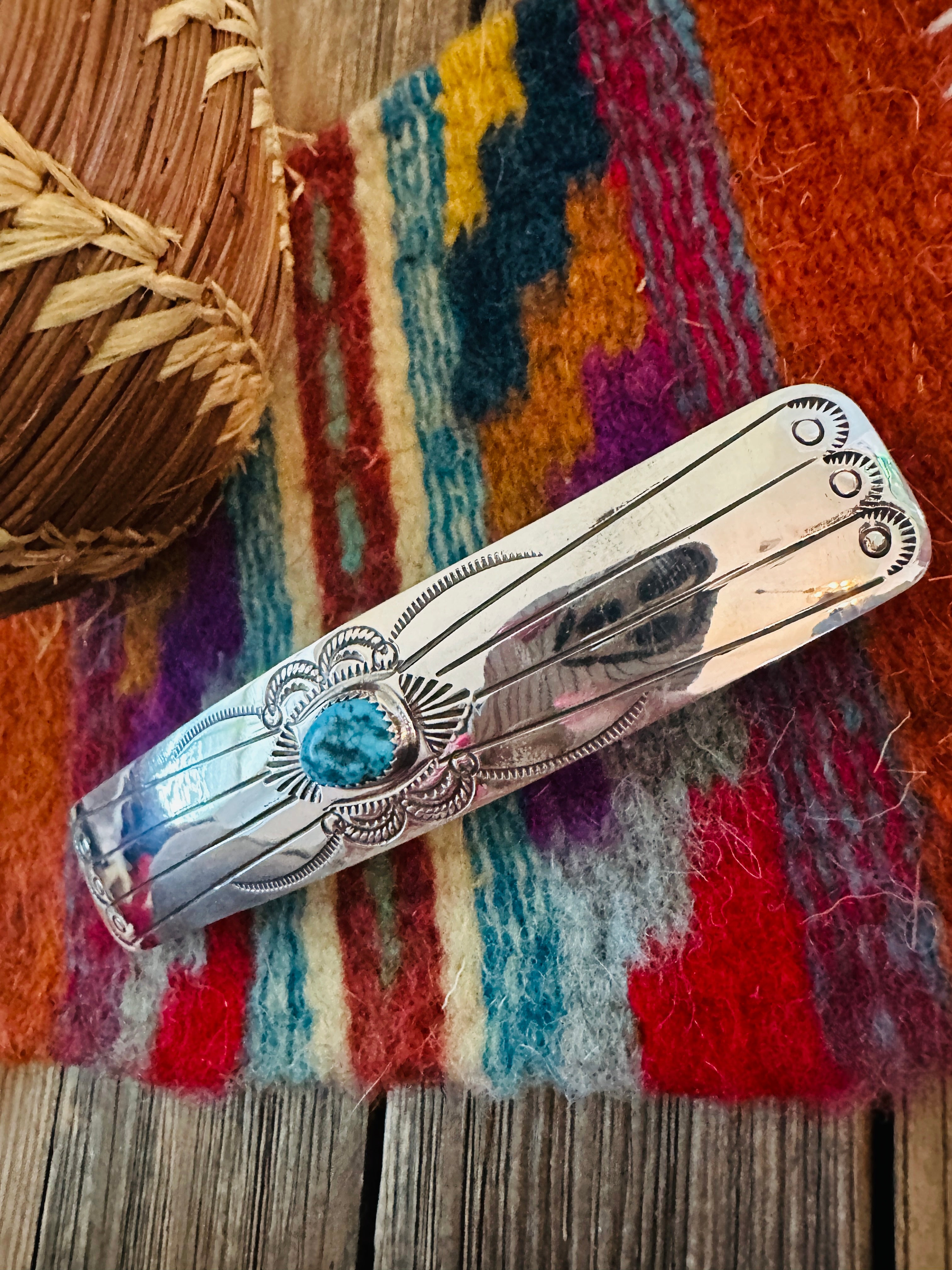 Handcrafted Turquoise & Sterling Silver Concho Hair Barrette