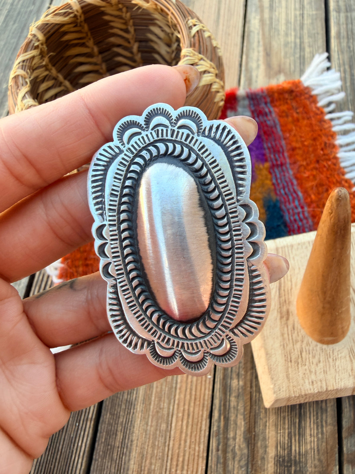 Handcrafted Sterling Silver Adjustable Concho Ring by Leander Tahe