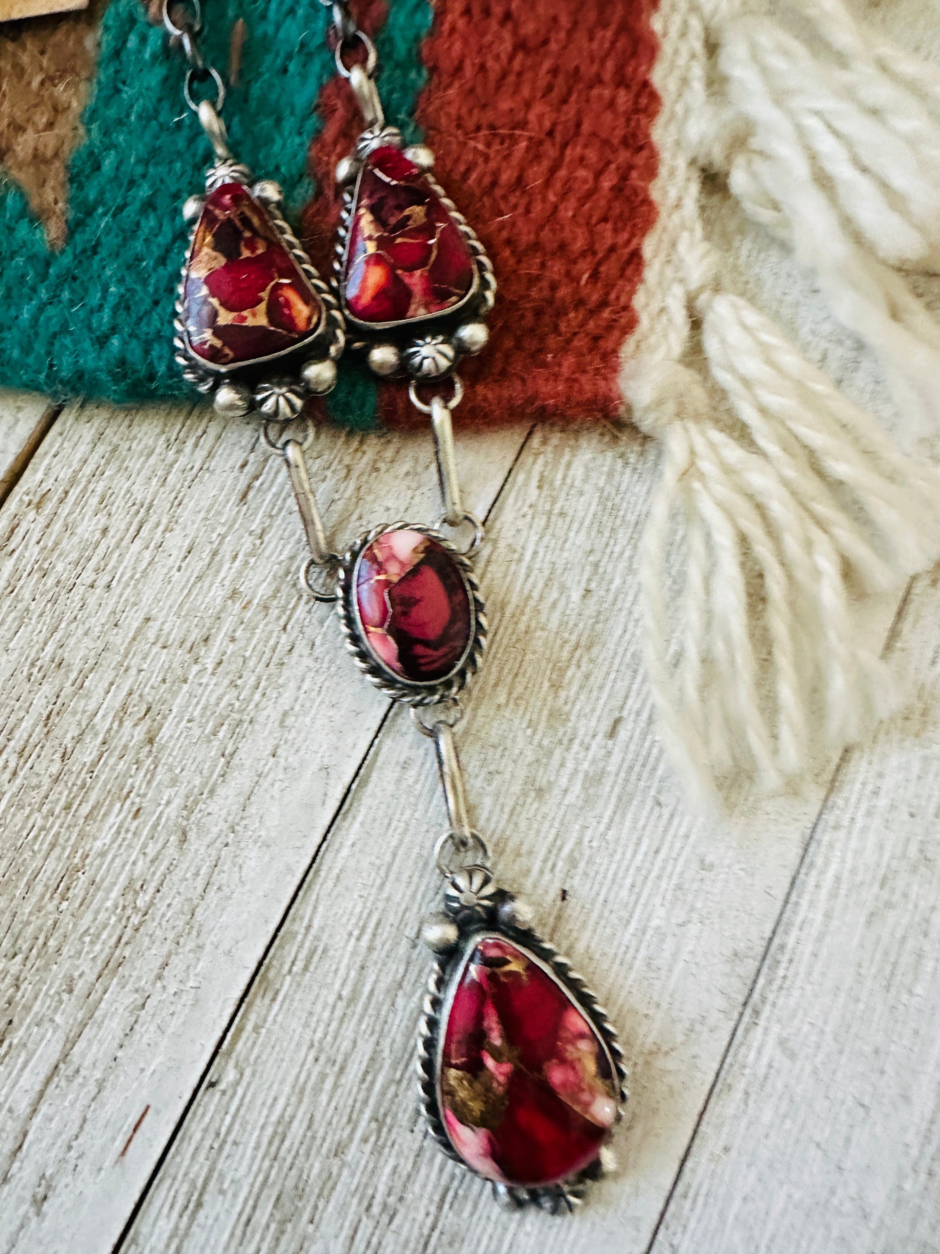 Handcrafted Sterling Silver & Rose Dahlia Lariat Necklace Set by Augustine Largo