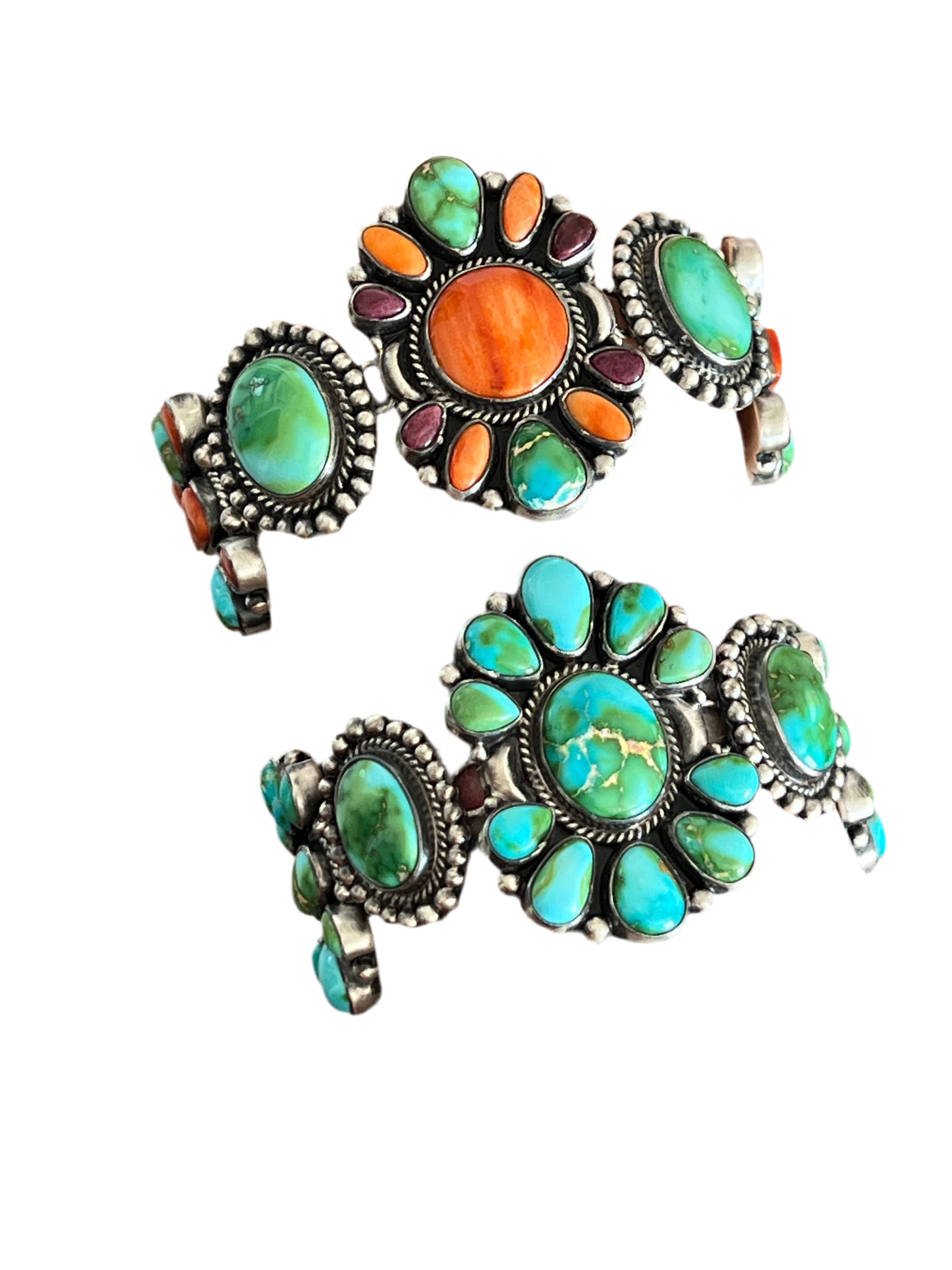 Stunning Sterling Silver, Sonoran Mountain Turquoise and Spiny Oyster Shell Cluster Link Bracelets by Diane Wylie