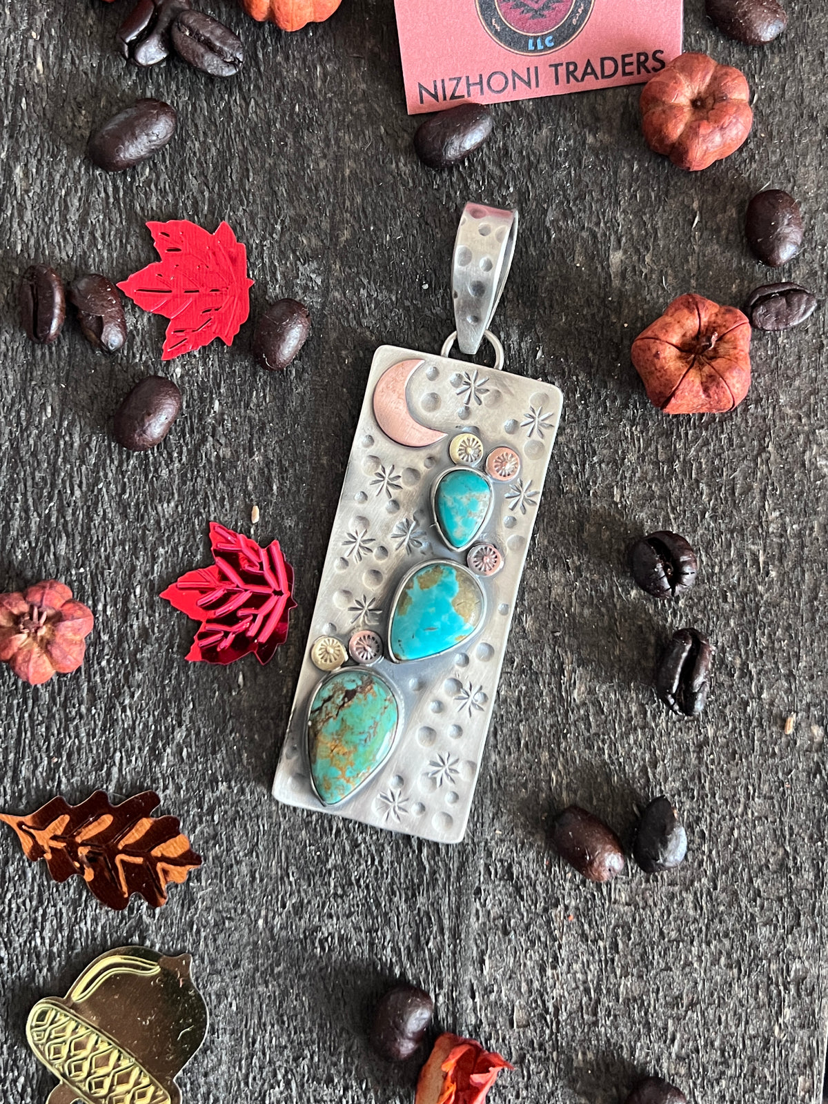 Kimari Somers Hand Stamped Sterling Silver, Copper, Brass & Kingman Turquoise Prickly Pear Cactus Moon Pendant