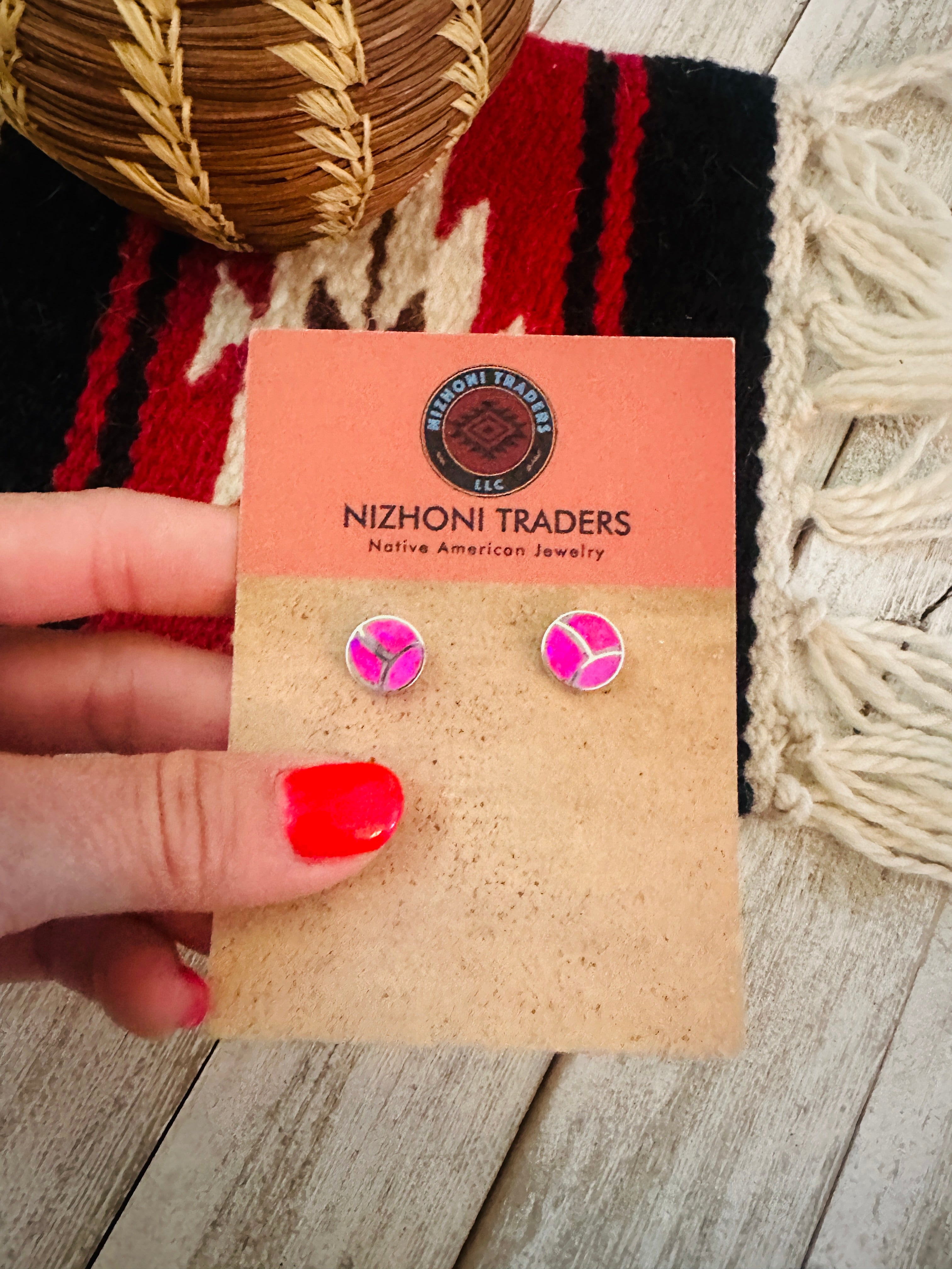 Handcrafted Pink Opal & Sterling Silver Inlay Stud Earrings