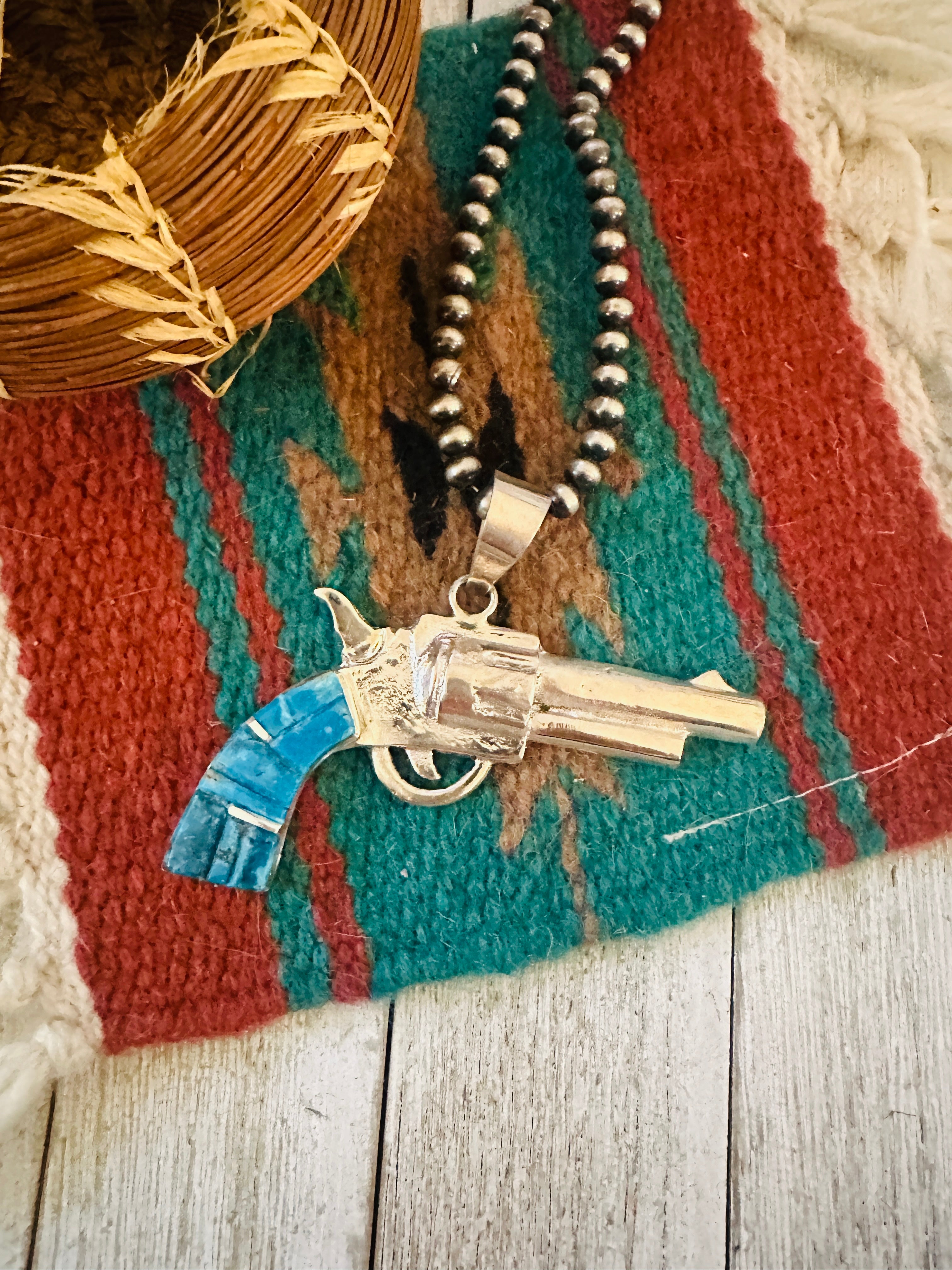 Handcrafted Sterling Silver & Turquoise Inlay Pistol Pendant