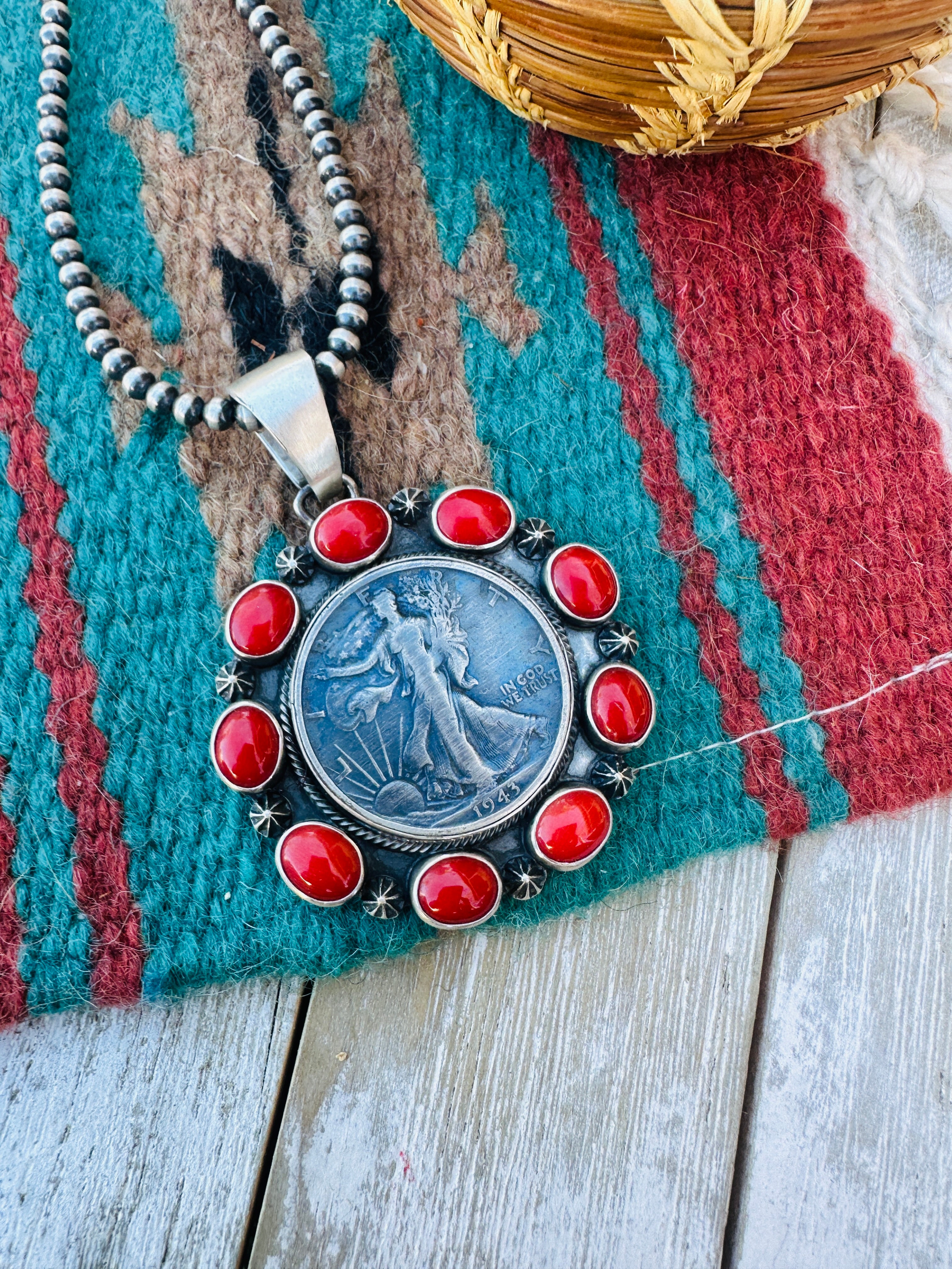 Handcrafted Sterling Silver and Coral Liberty Coin Pendant by Darrin Livingston