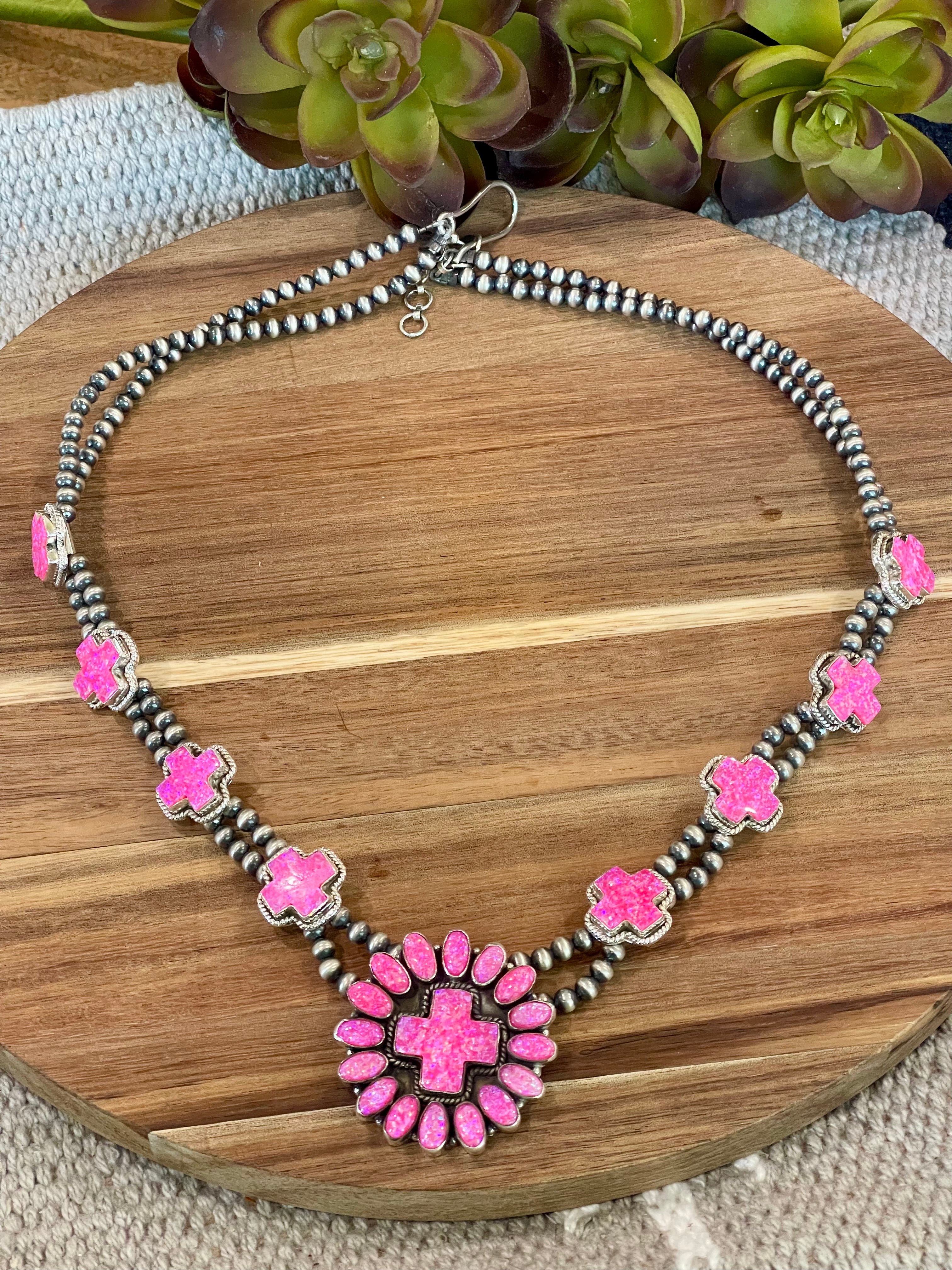 Handmade Hot Pink Fire Opal and Sterling Silver Necklace