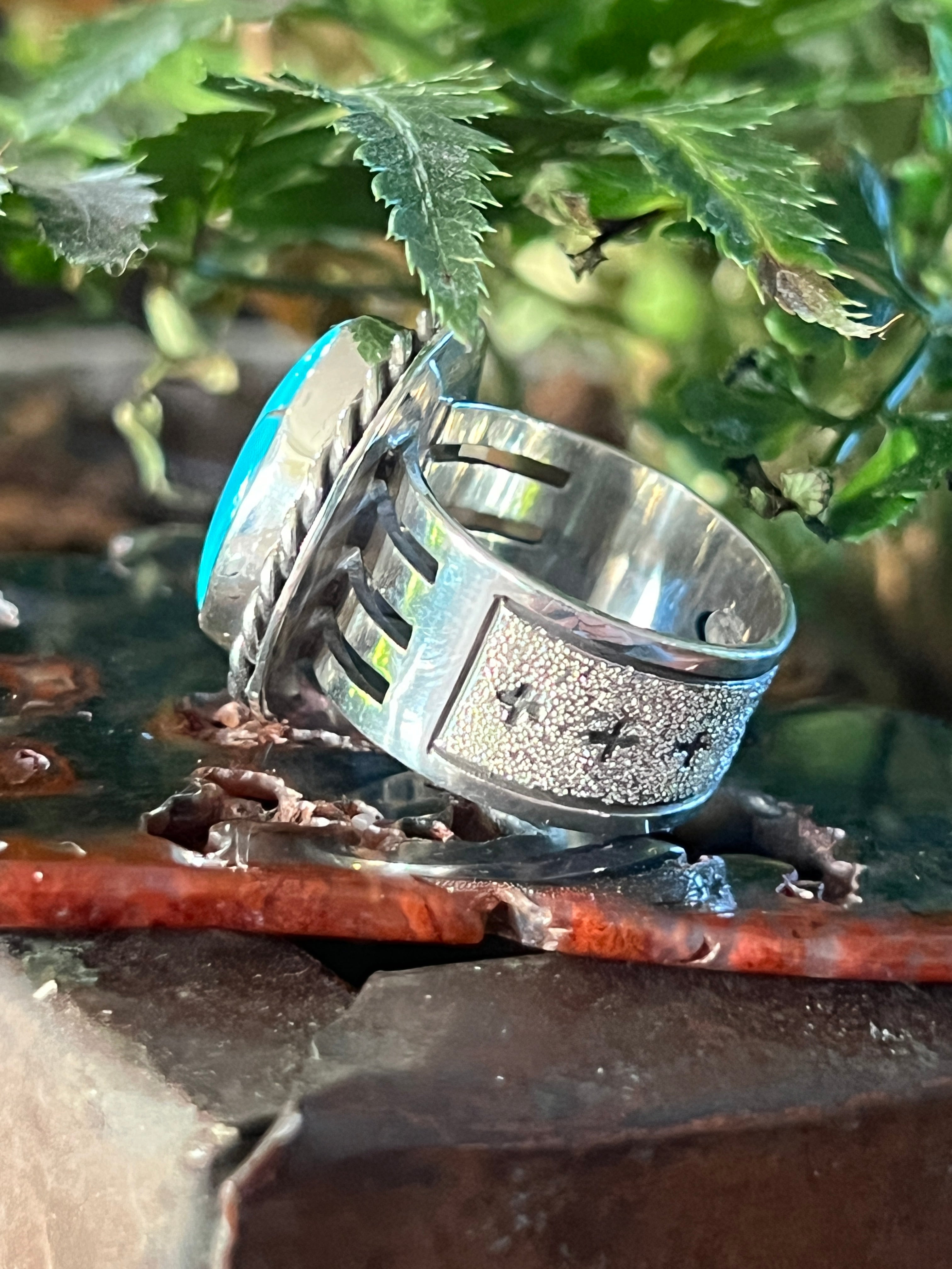 Handcrafted Sterling Silver and Egyptian Turquoise Single Stone Ring by Shaun Rogers, Size 9.5