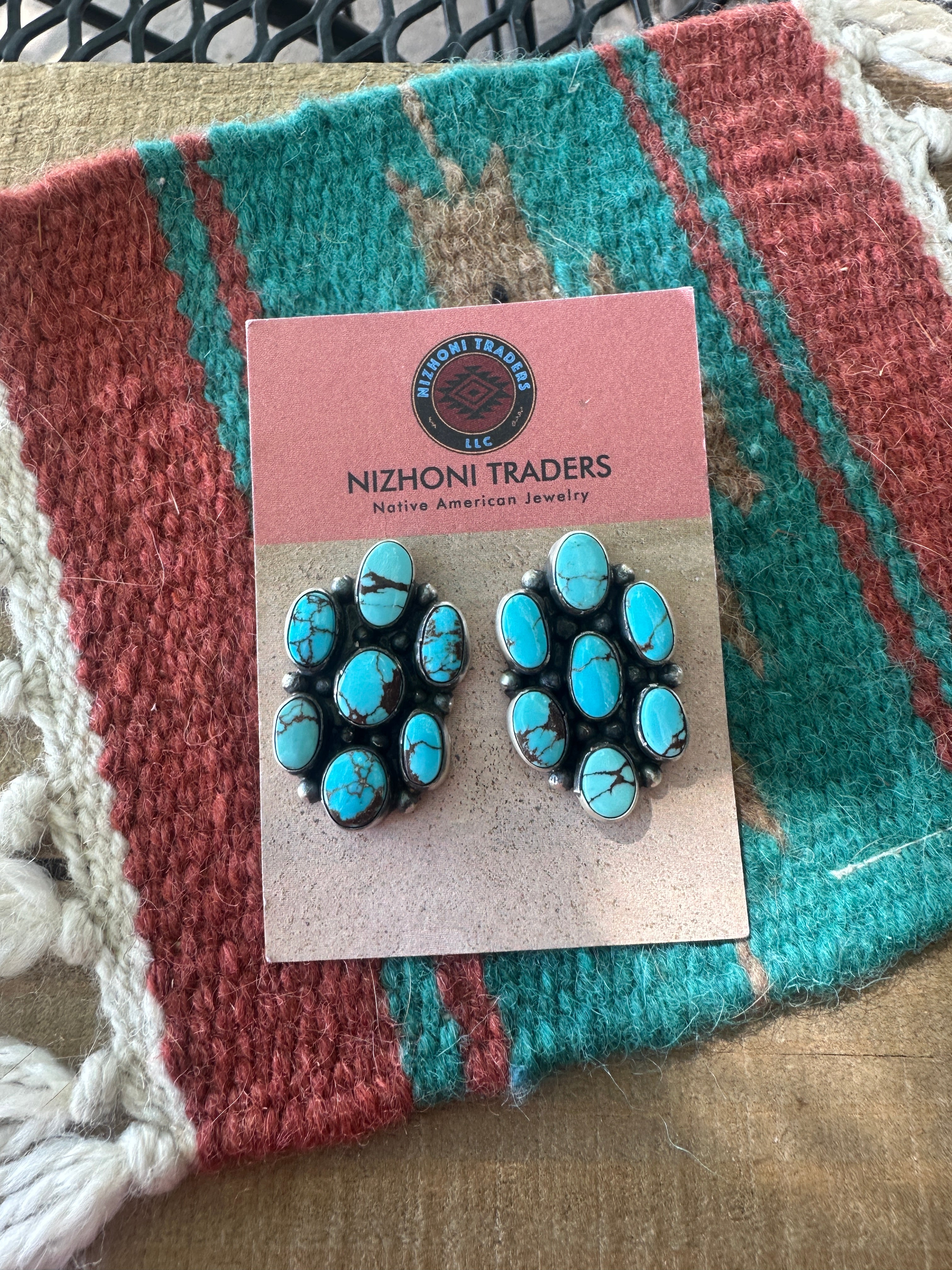 Handcrafted Sterling Silver & Kingman Web Turquoise Cluster Post Earrings