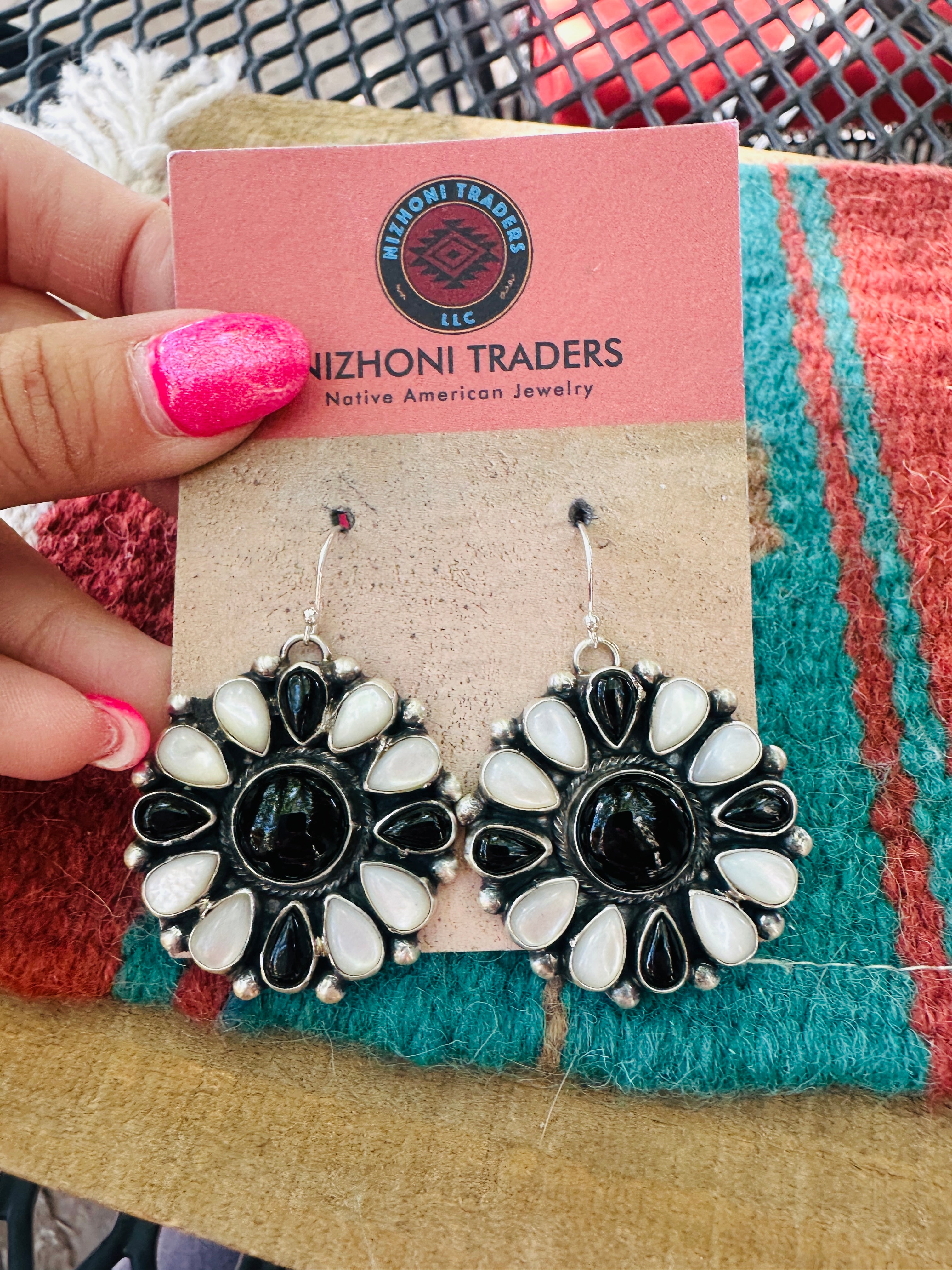 Handcrafted Mother of Pearl, Onyx & Sterling Silver Cluster Dangle Earrings