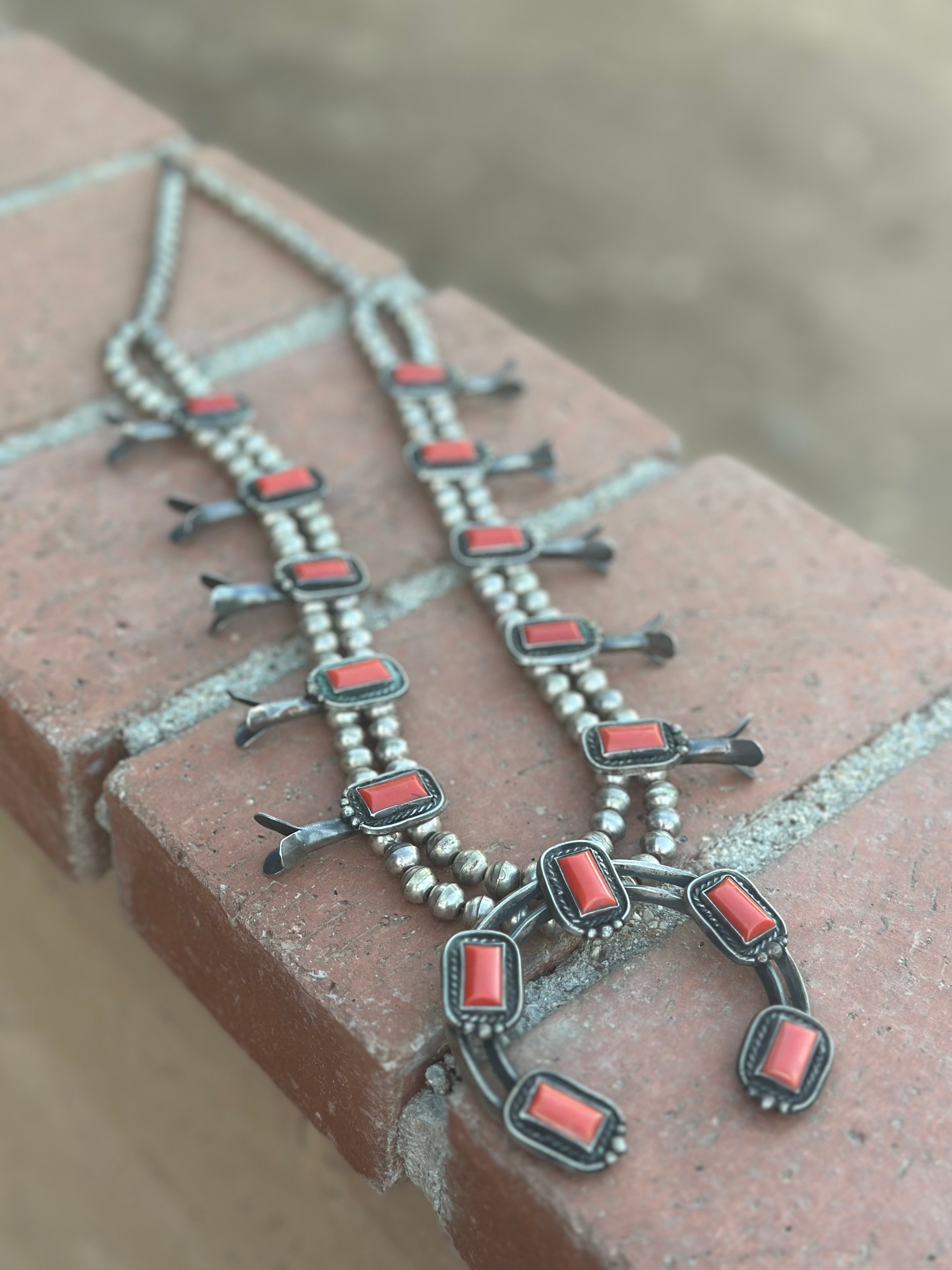 Vintage Navajo Coral & Sterling Silver Squash Blossom Necklace