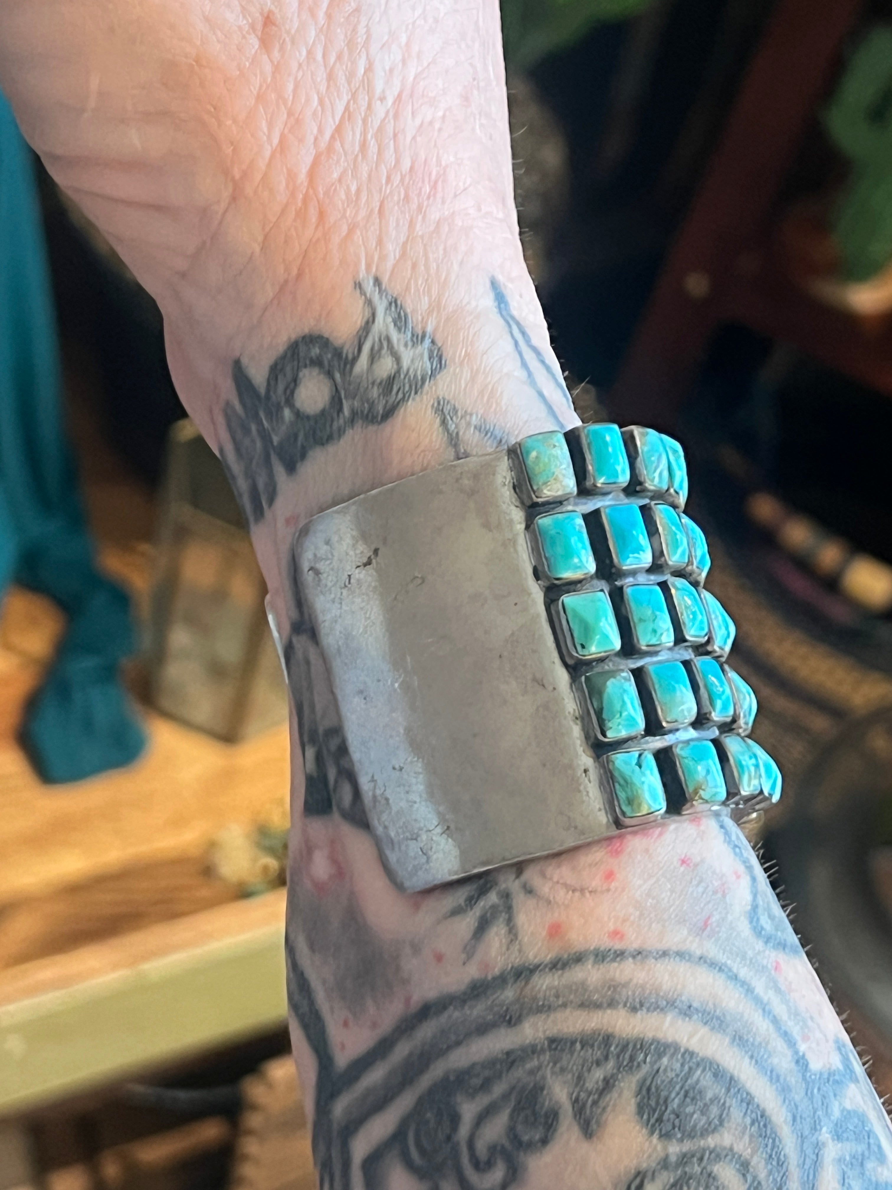 Hefty Old Pawn Sterling Silver and Turquoise 5 Row Cuff Bracelet by Federico Jimenez