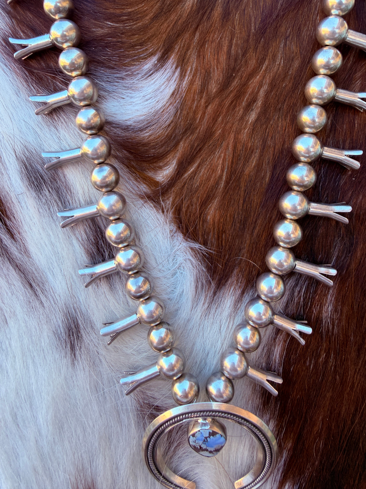 Handmade Sterling Silver and Golden Hills Turquoise Beaded Squash Blossom Necklace "Signed Nizhoni"