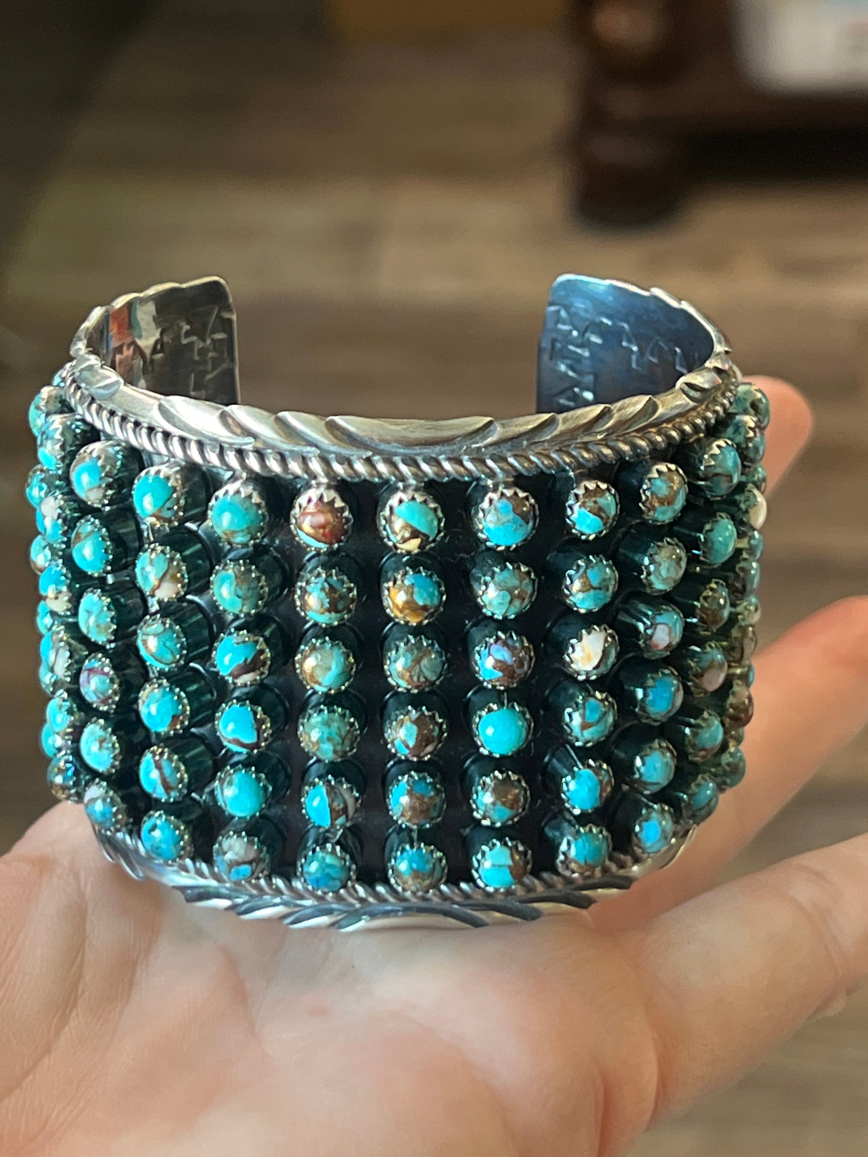 Handcrafted Sterling Silver and Blue Mohave Snake Eye Style Six Row Cuff Bracelet, Signed BJ