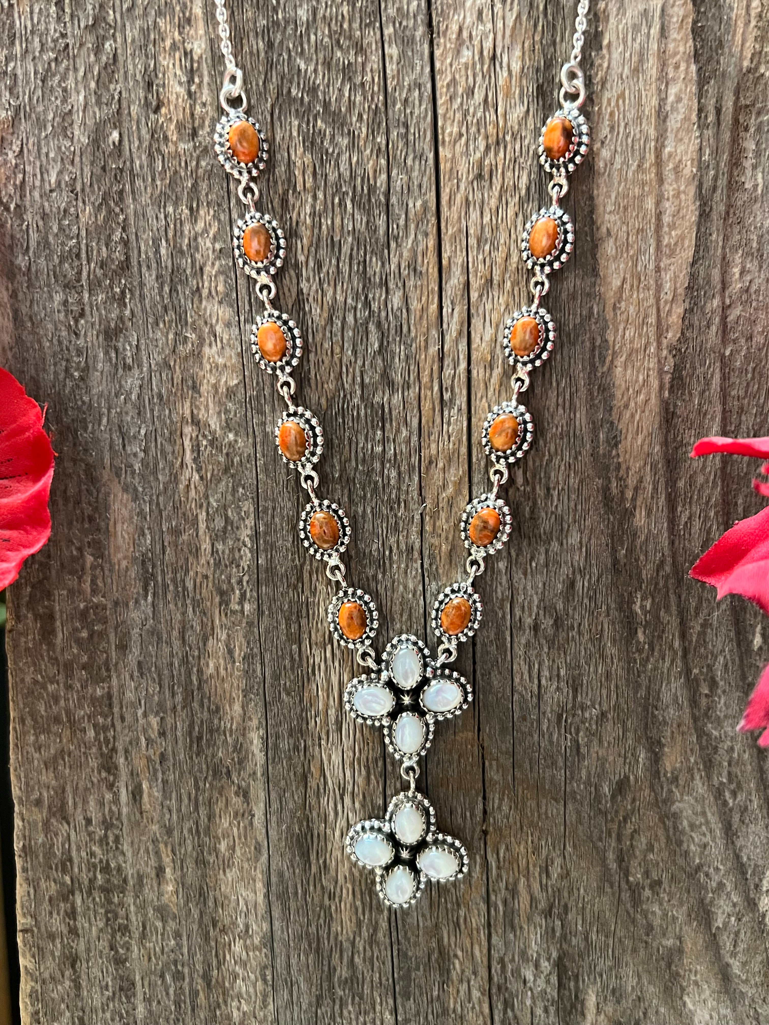 Handmade Sterling Silver, Spiny Orange & Mother of Pearl Lariat Necklace