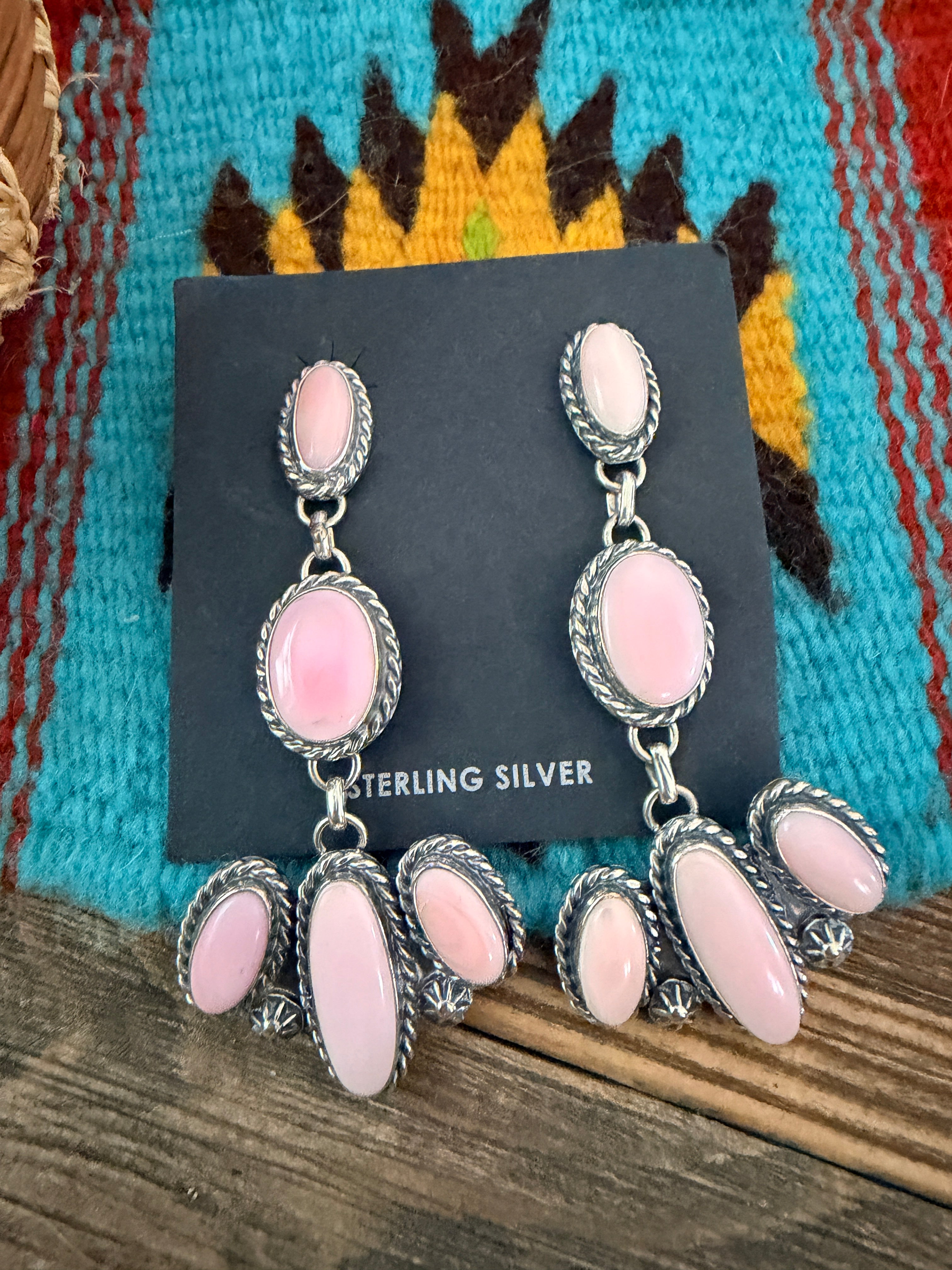 Handcrafted Queen Pink Conch & Sterling Silver Cluster Dangle Earrings