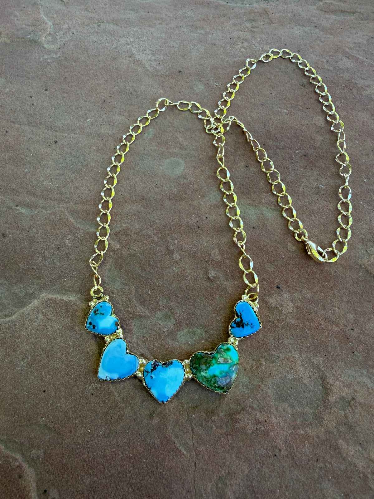 “The Golden Collection” Handmade Natural Golden Hills, Sonoran Turquoise Gold Plated Necklace STYLE 3 hearts