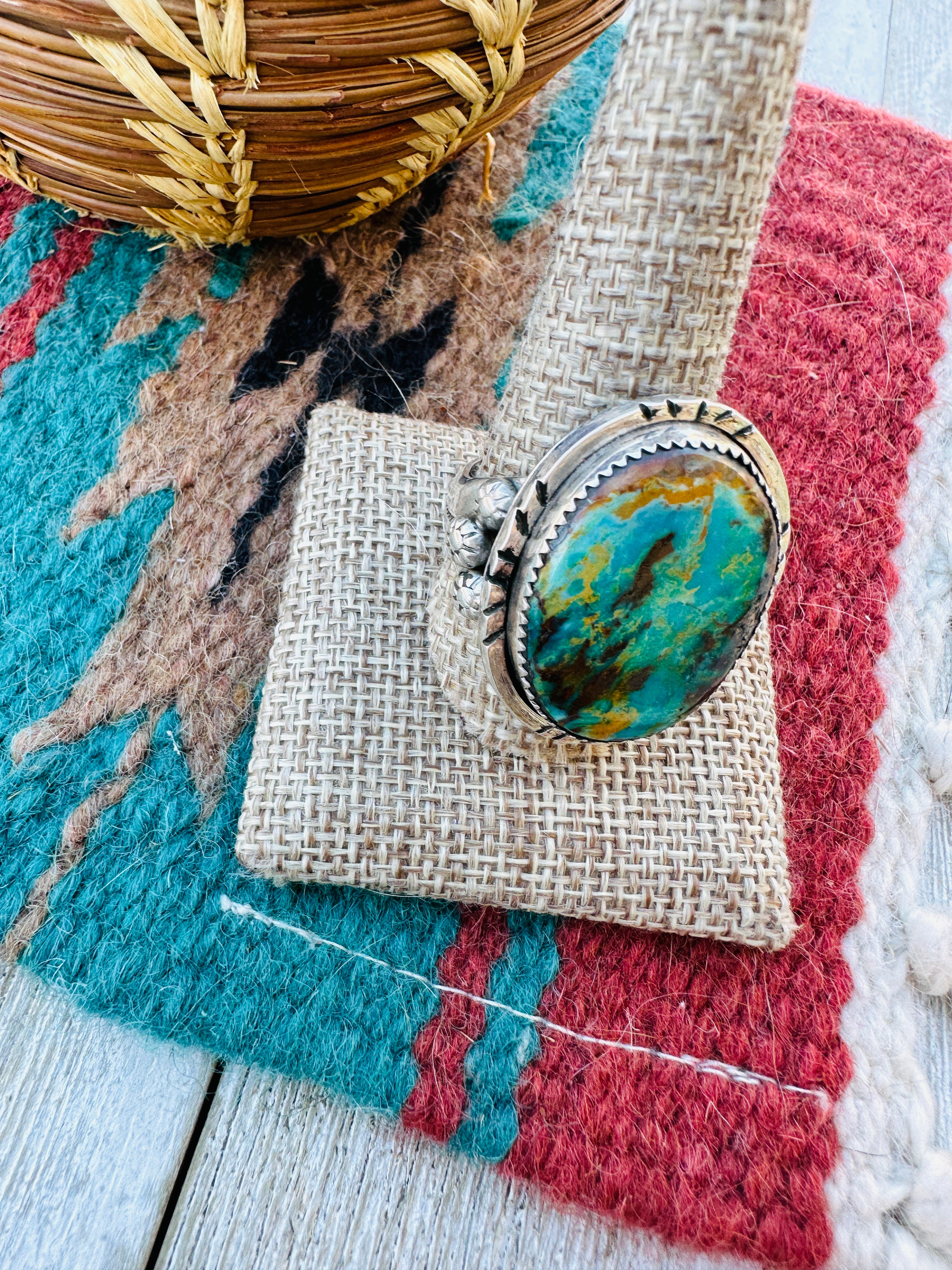 Handcrafted Turquoise & Sterling Silver Ring Size 12