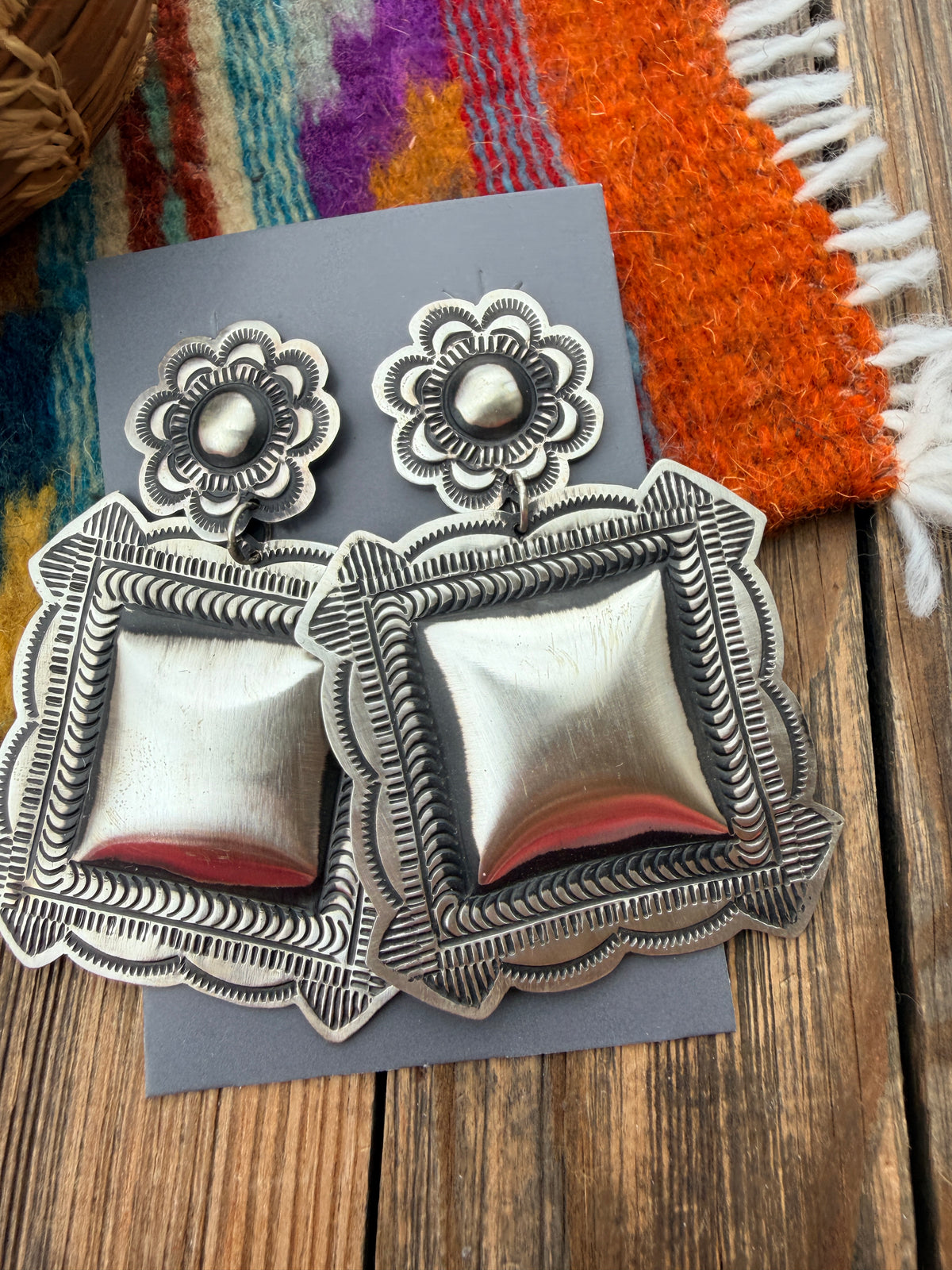 Handcrafted Sterling Silver Concho Dangle Earrings by Leander Tahe
