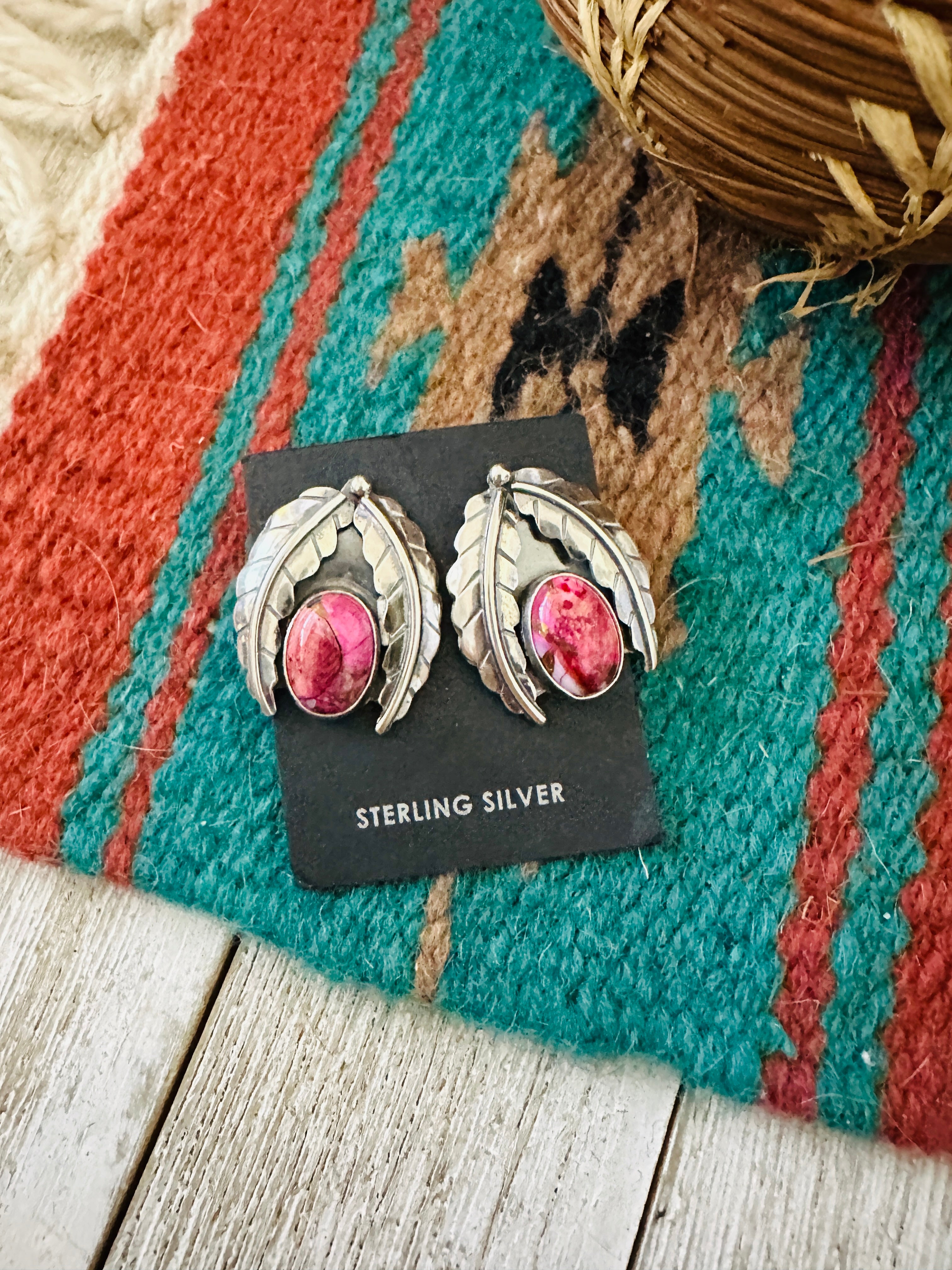 Navajo Pink Mojave & Sterling Silver Leaf Post Earrings