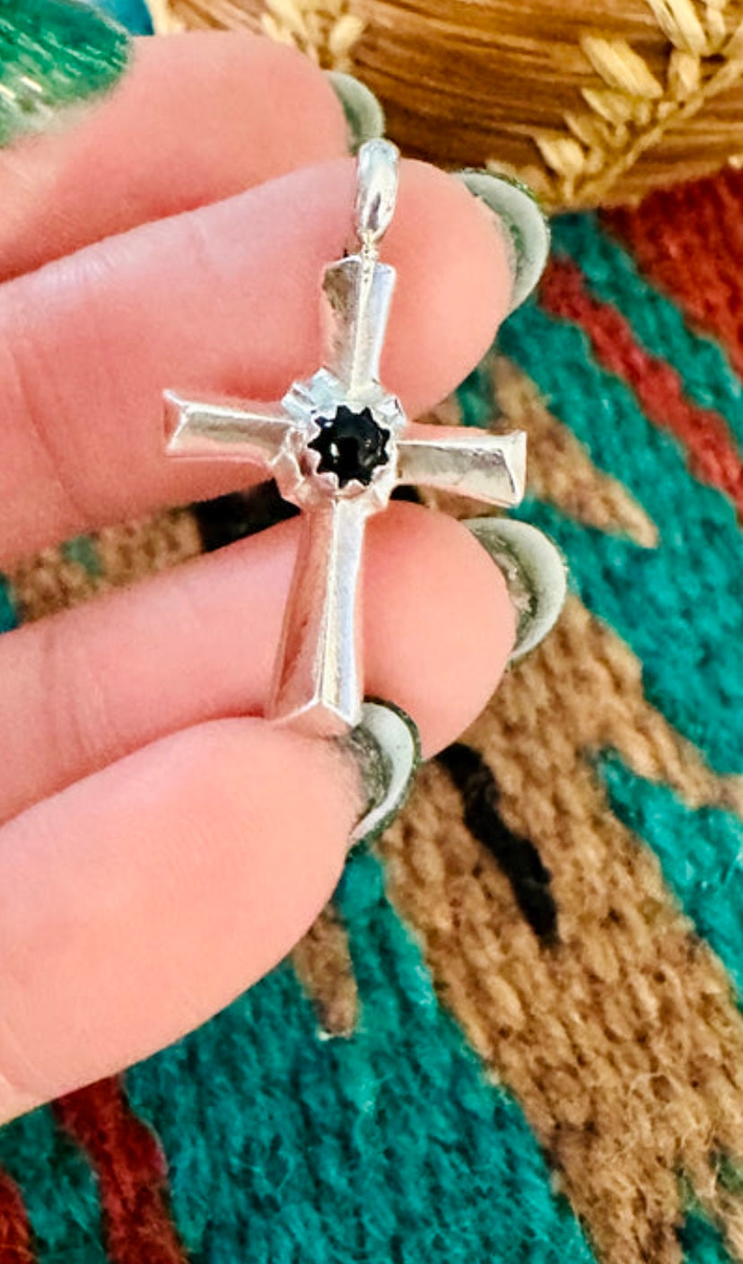 Handcrafted Black Onyx & Sterling Silver Cross Pendant CR29