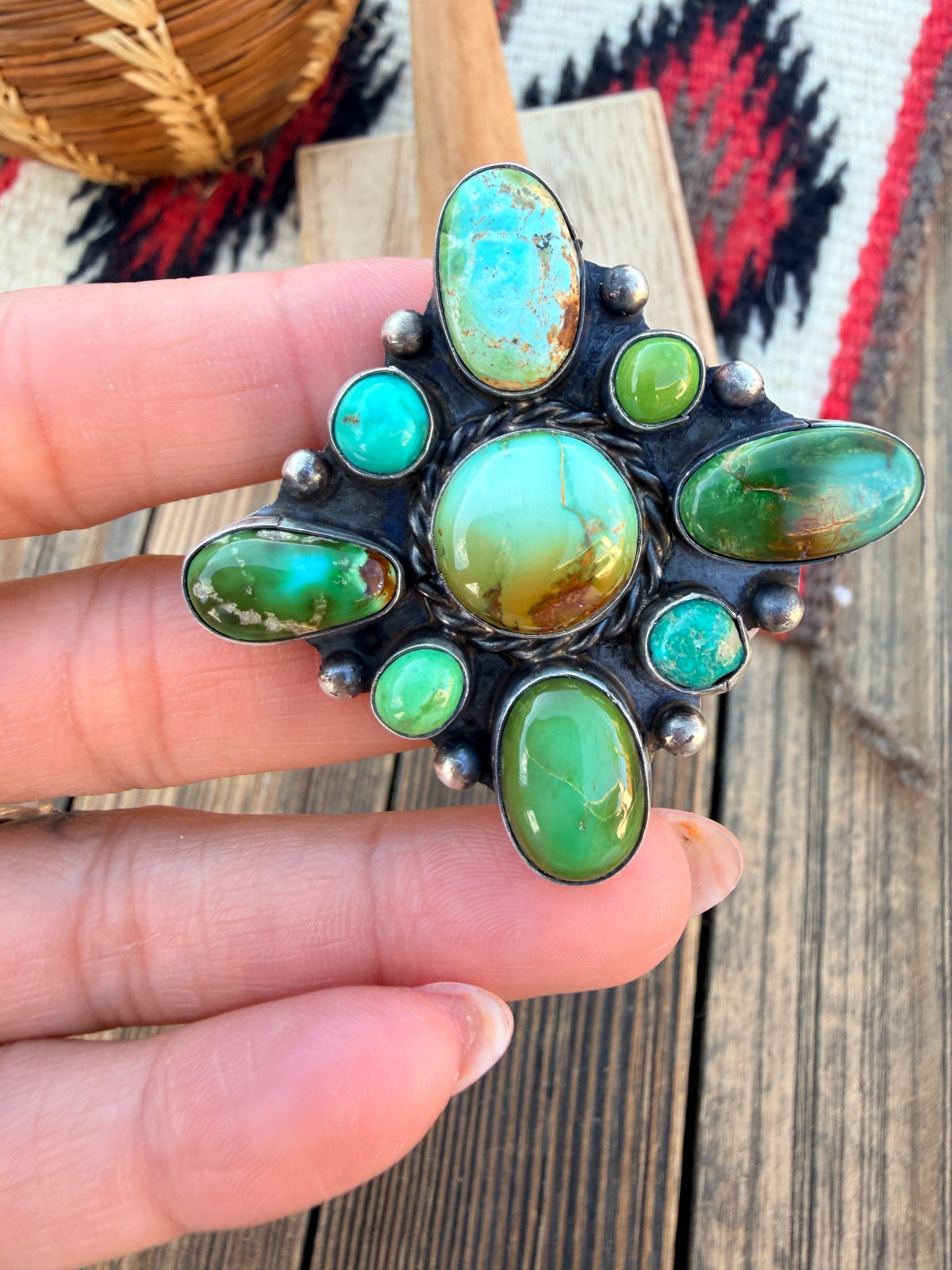 Handcrafted Turquoise & Sterling Silver Cluster Adjustable Ring