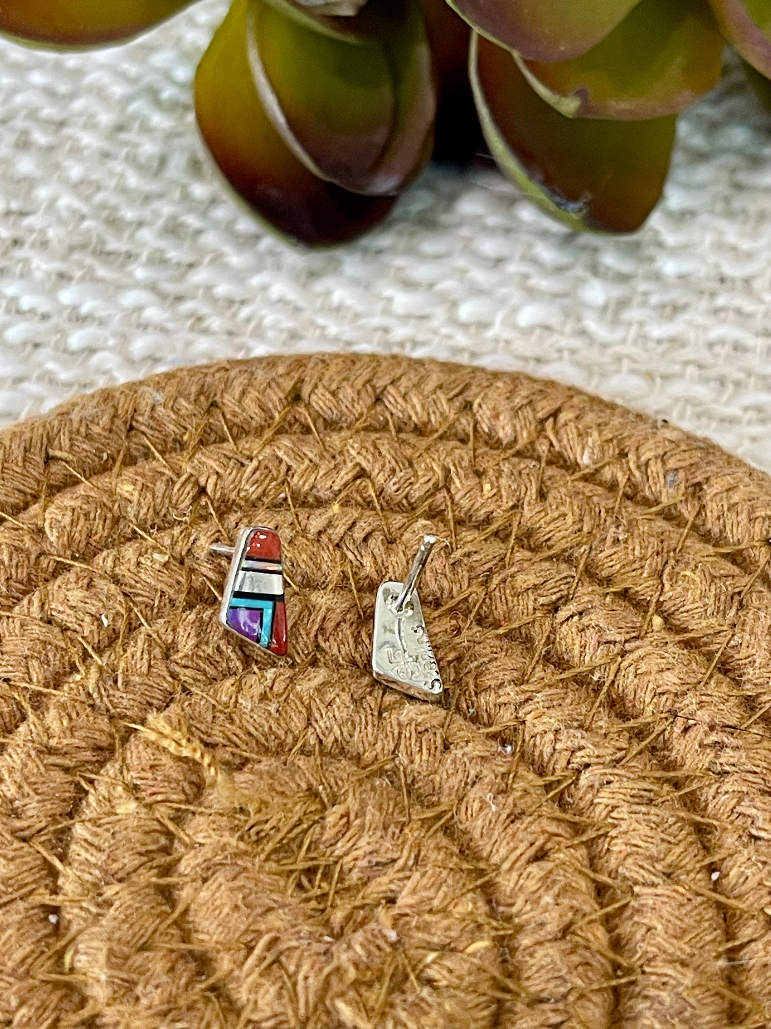 Beautiful Handmade Sterling Silver & Multi Stone Inlay Stud Earrings