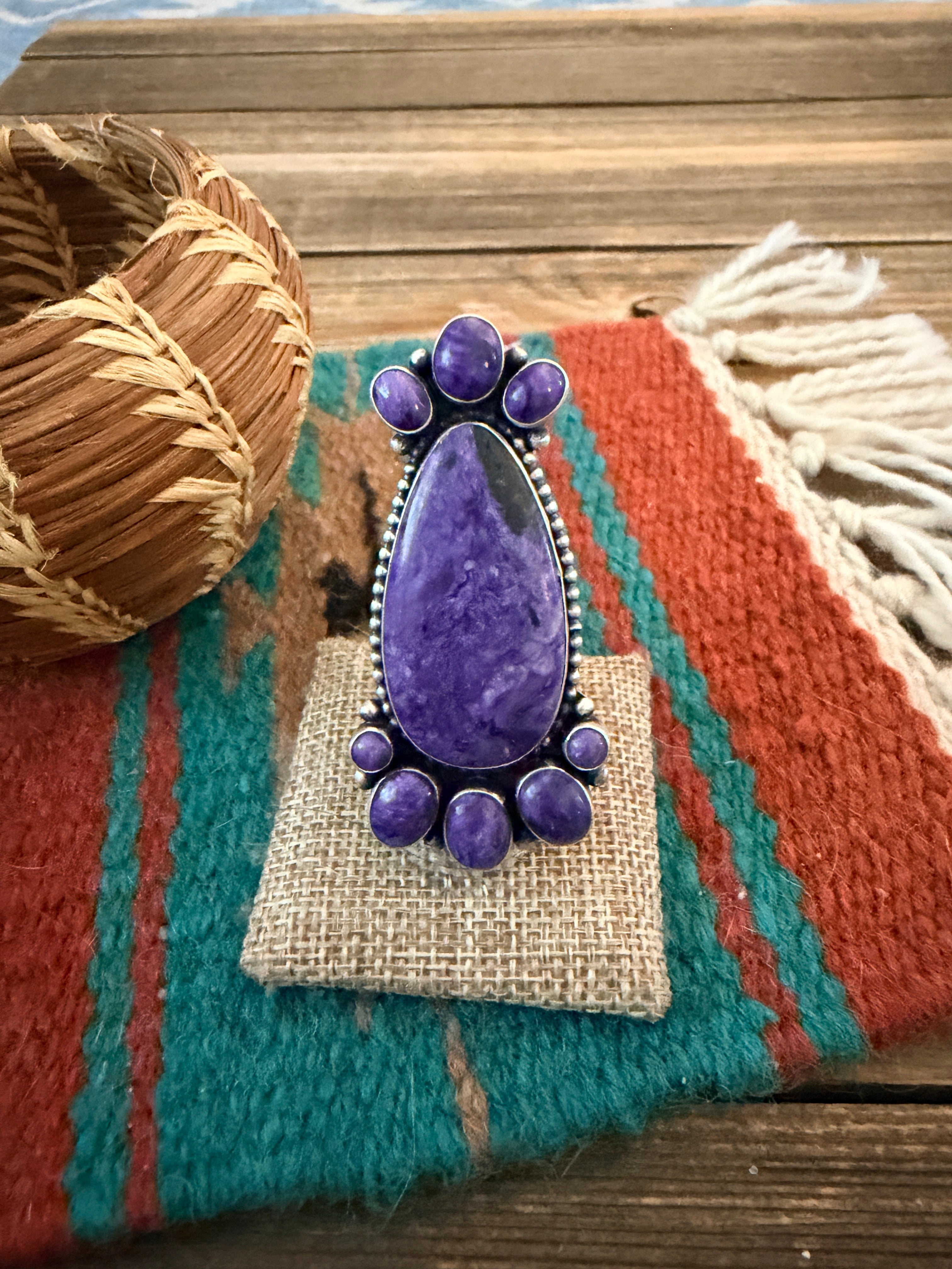 Handcrafted Charoite & Sterling Silver Cluster Ring by Blaine Yellowhorse