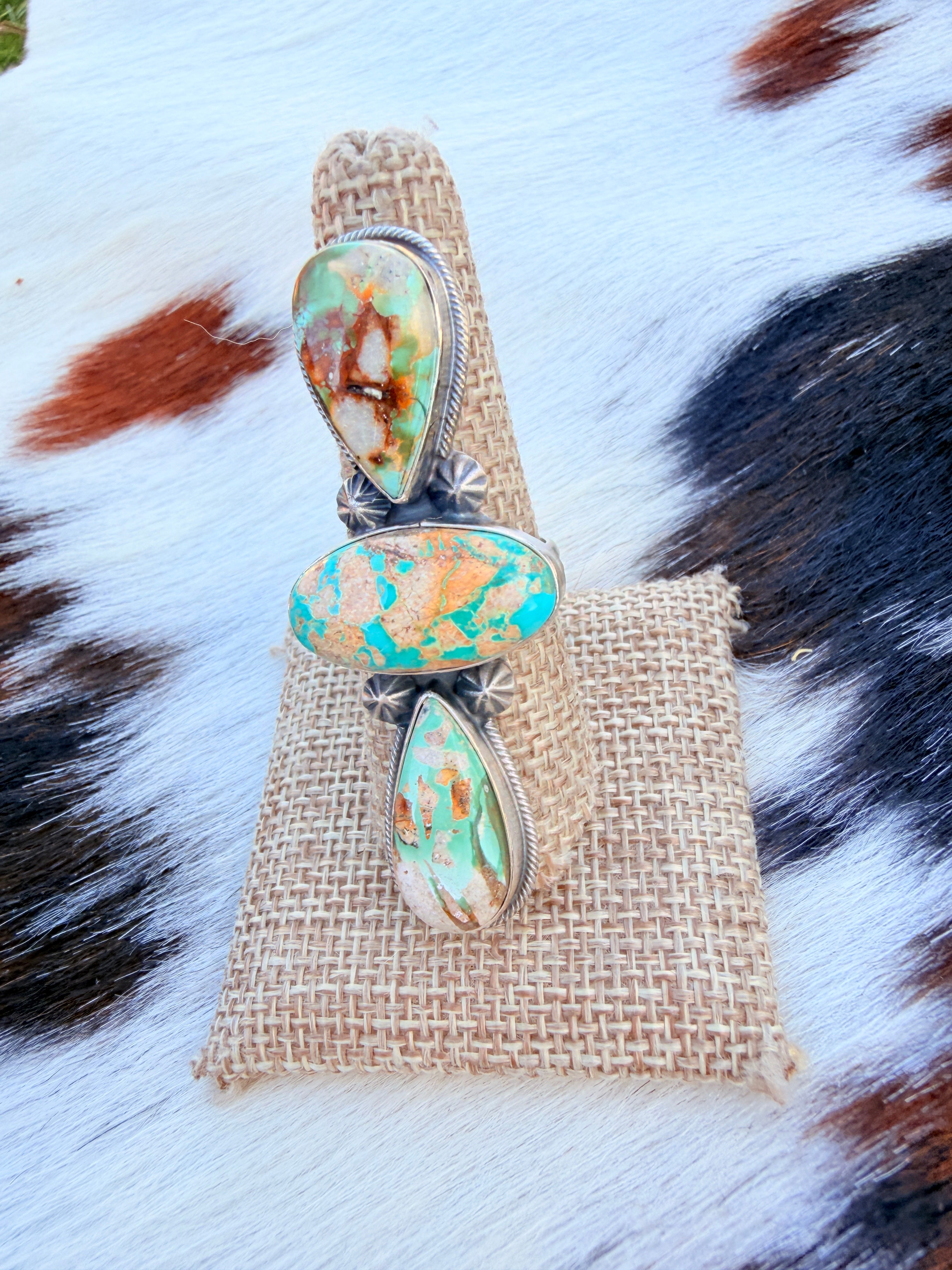Handcrafted Royston Turquoise & Sterling Silver Cluster Ring Size 9 by Darrin Livingston