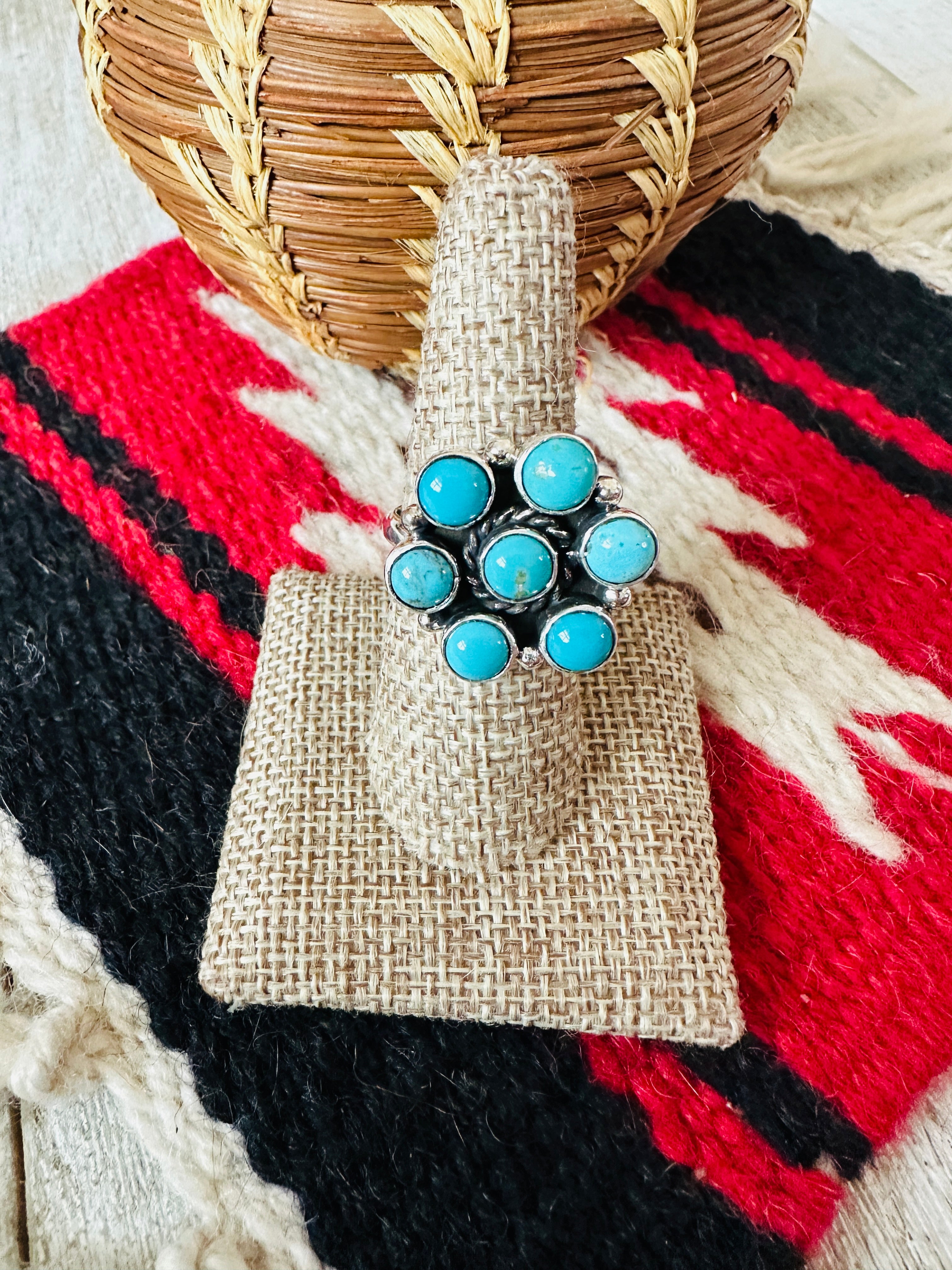 Handcrafted Turquoise & Sterling Silver Cluster Adjustable Ring