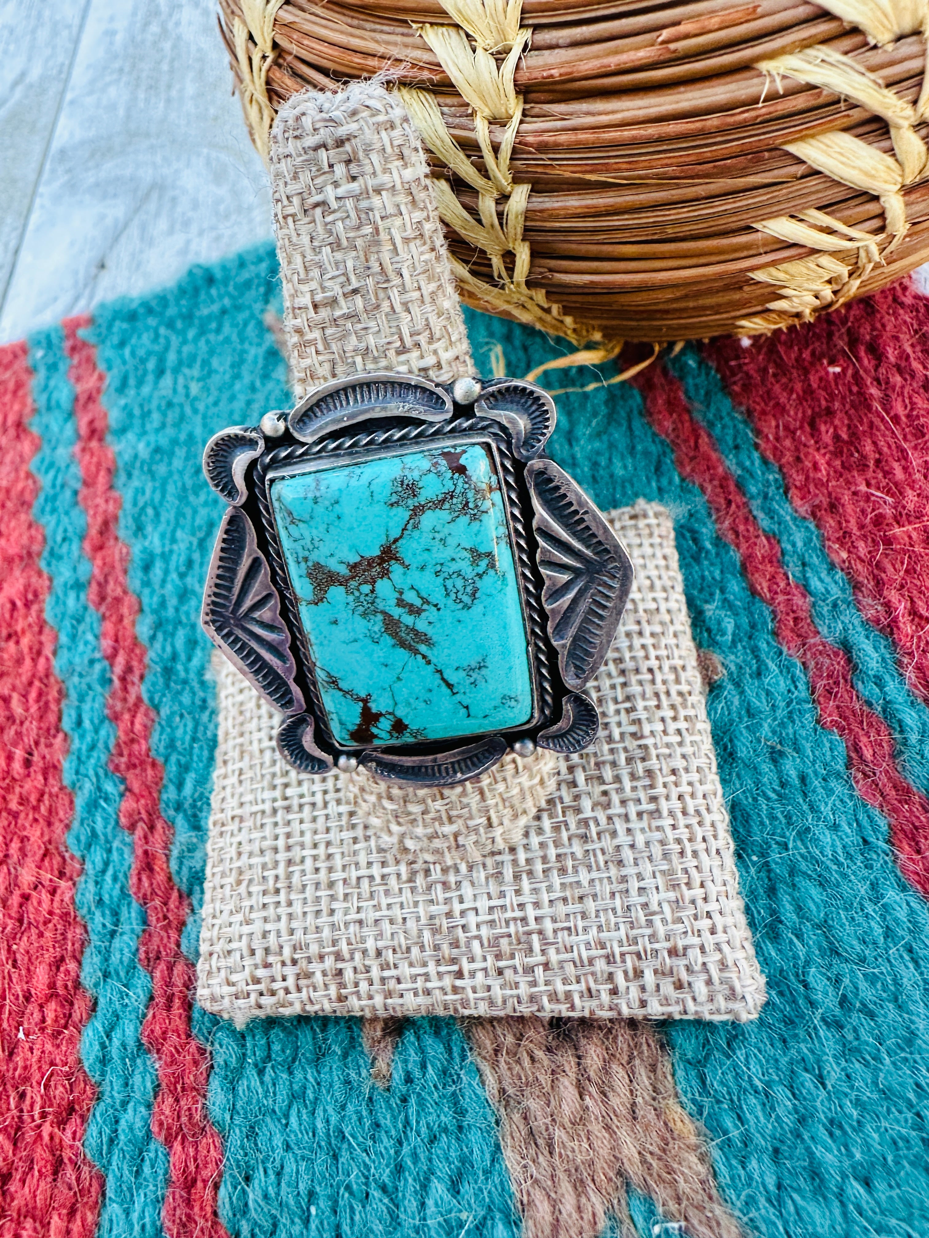 Hand Crafted Turquoise & Sterling Silver Ring Size 9 by Sheila Tso