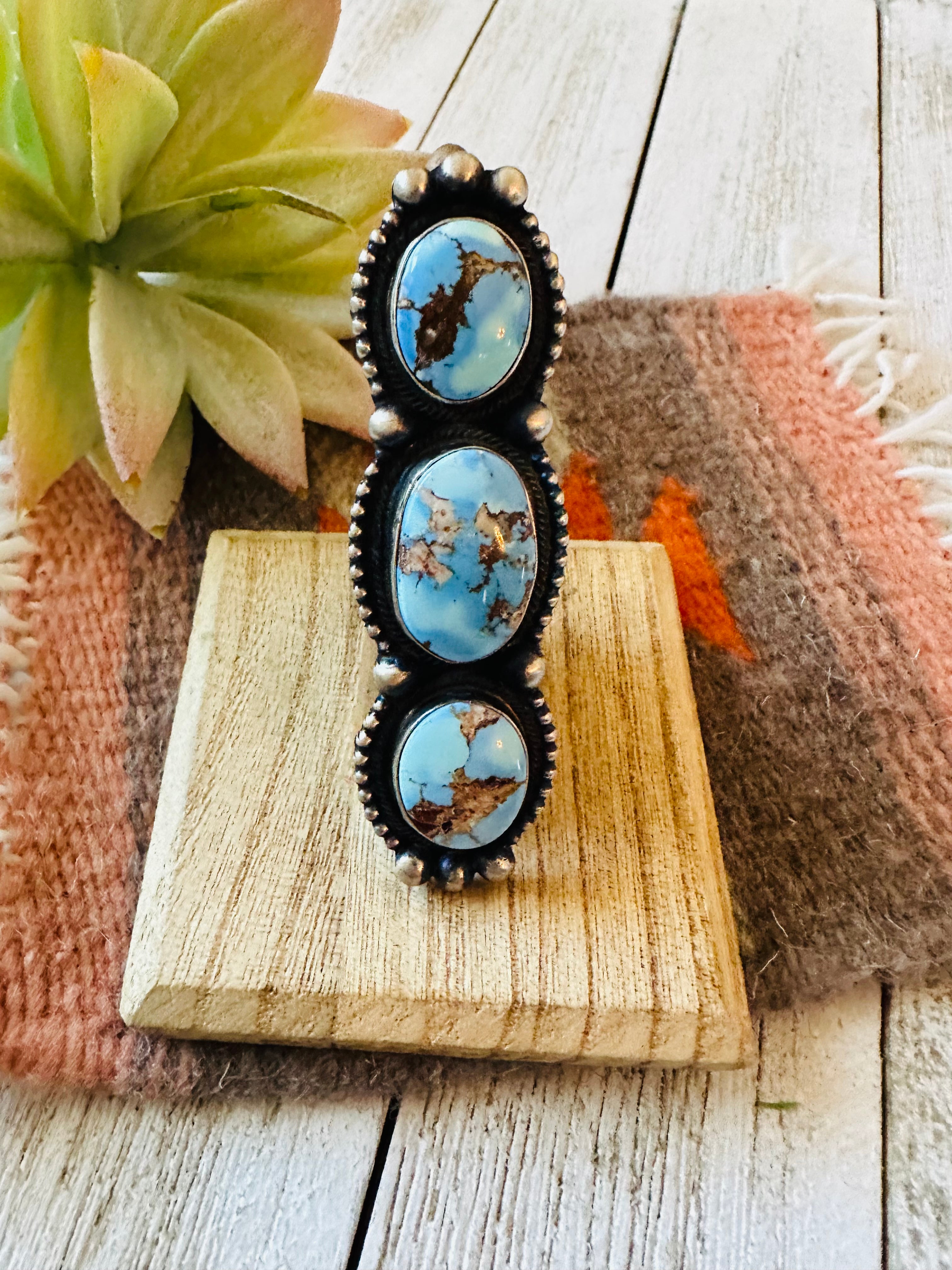 Navajo Golden Hills Turquoise & Sterling Silver Ring Size 8.25 by Kathleen Livingston