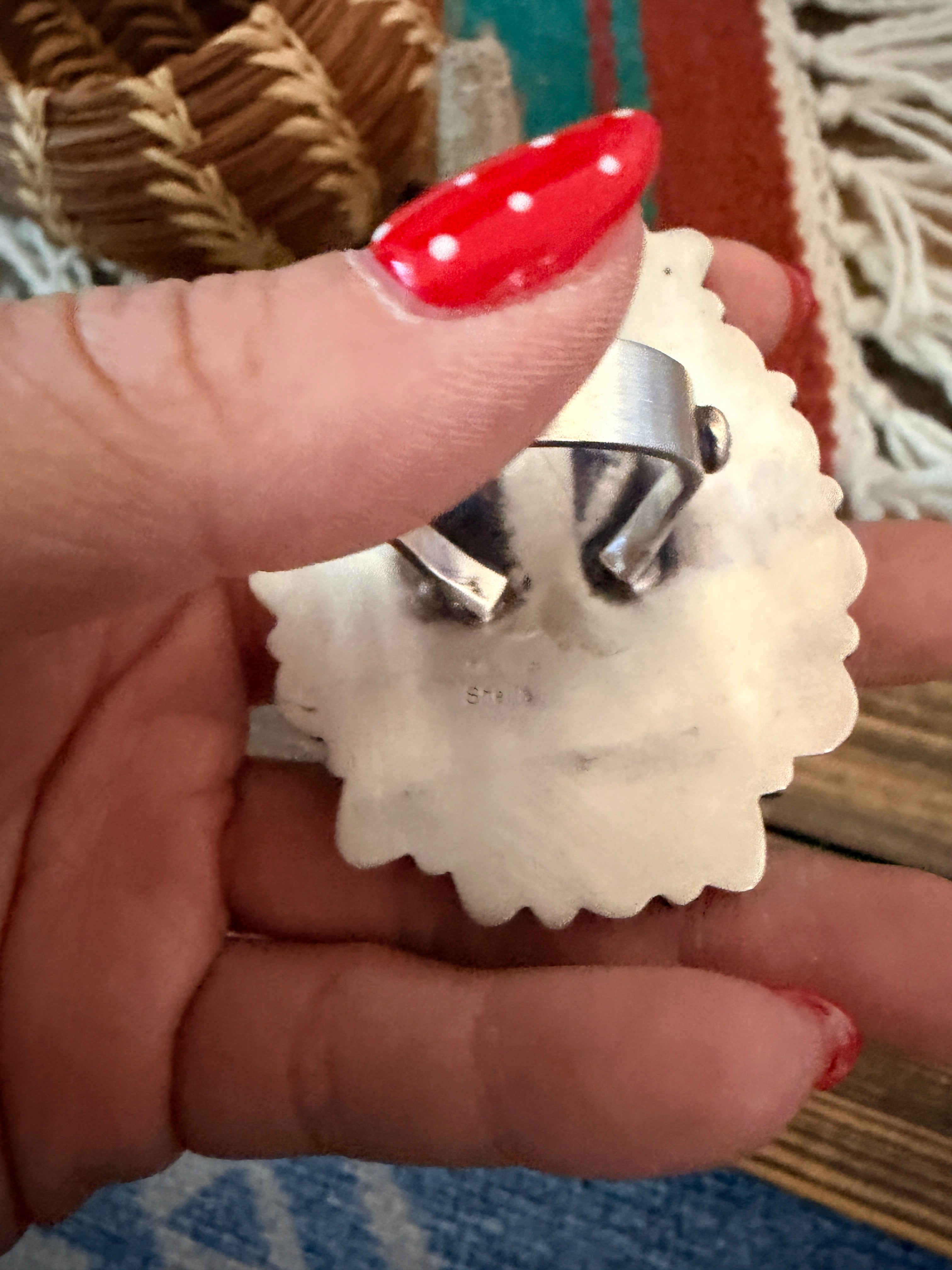 Handcrafted Spiny Oyster, Turquoise & Sterling Silver Cluster Ring by Sheila Becenti Size 11.25