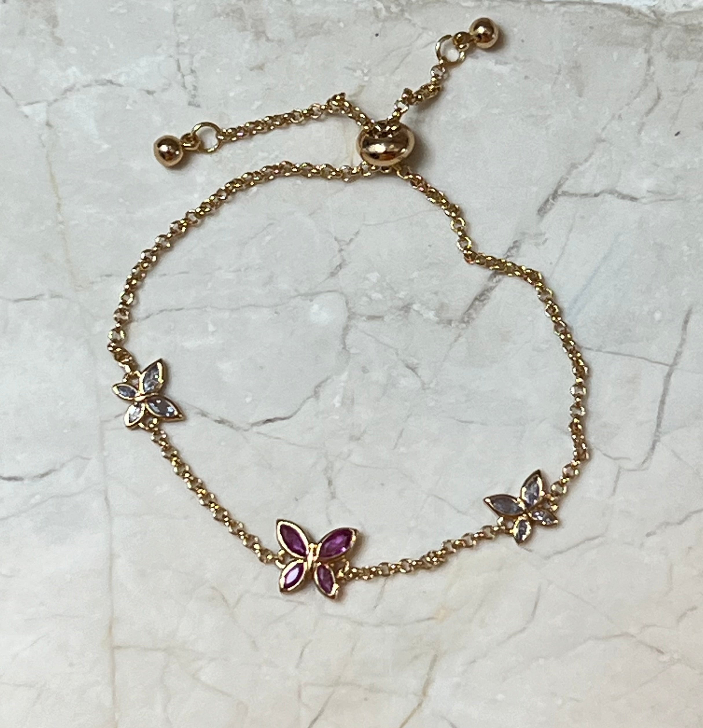 Caria CZ Butterfly Gold Plated Bolo Bracelet